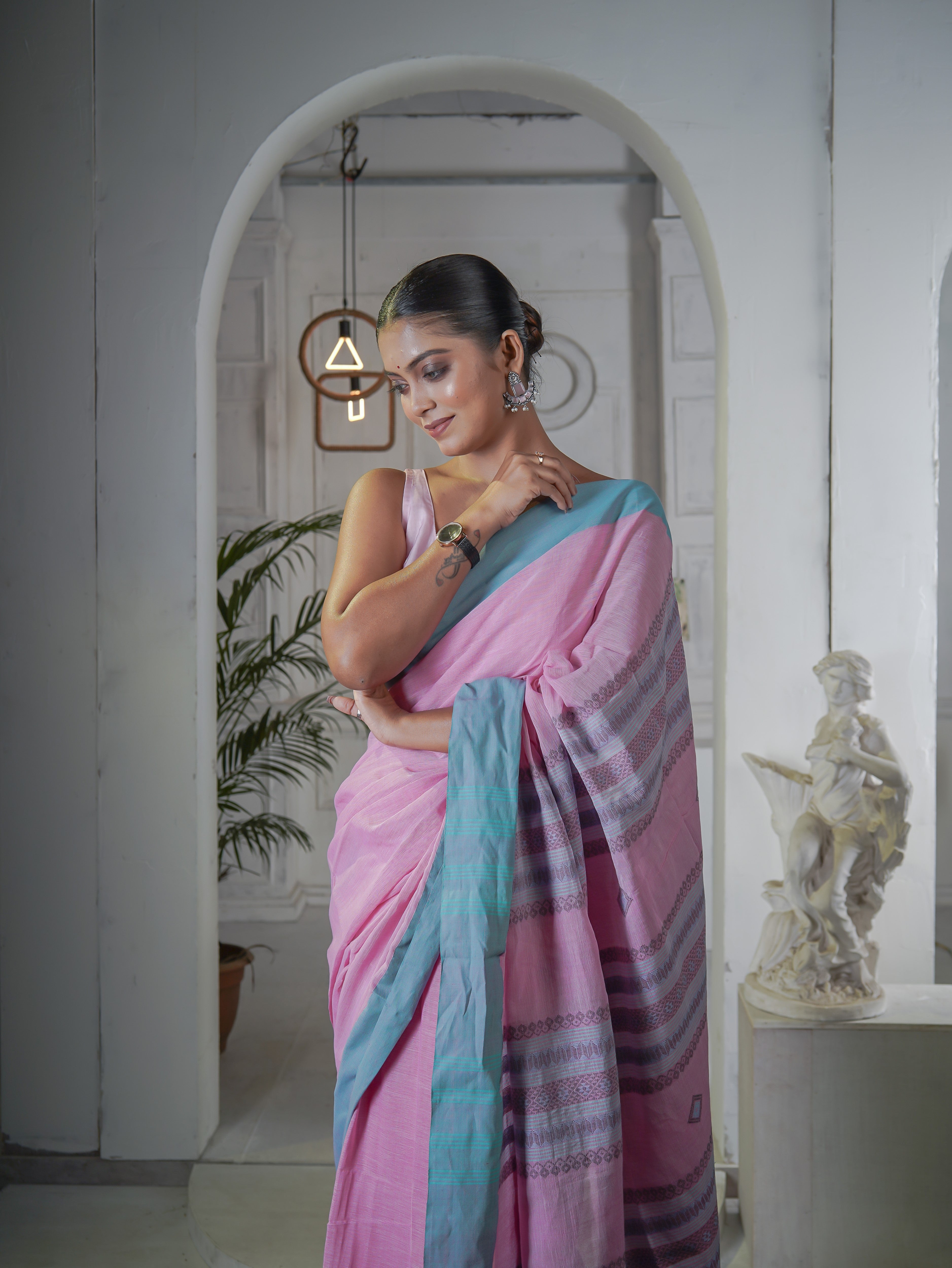 Premium Assam Khadi Cotton Handwoven Saree- Pink