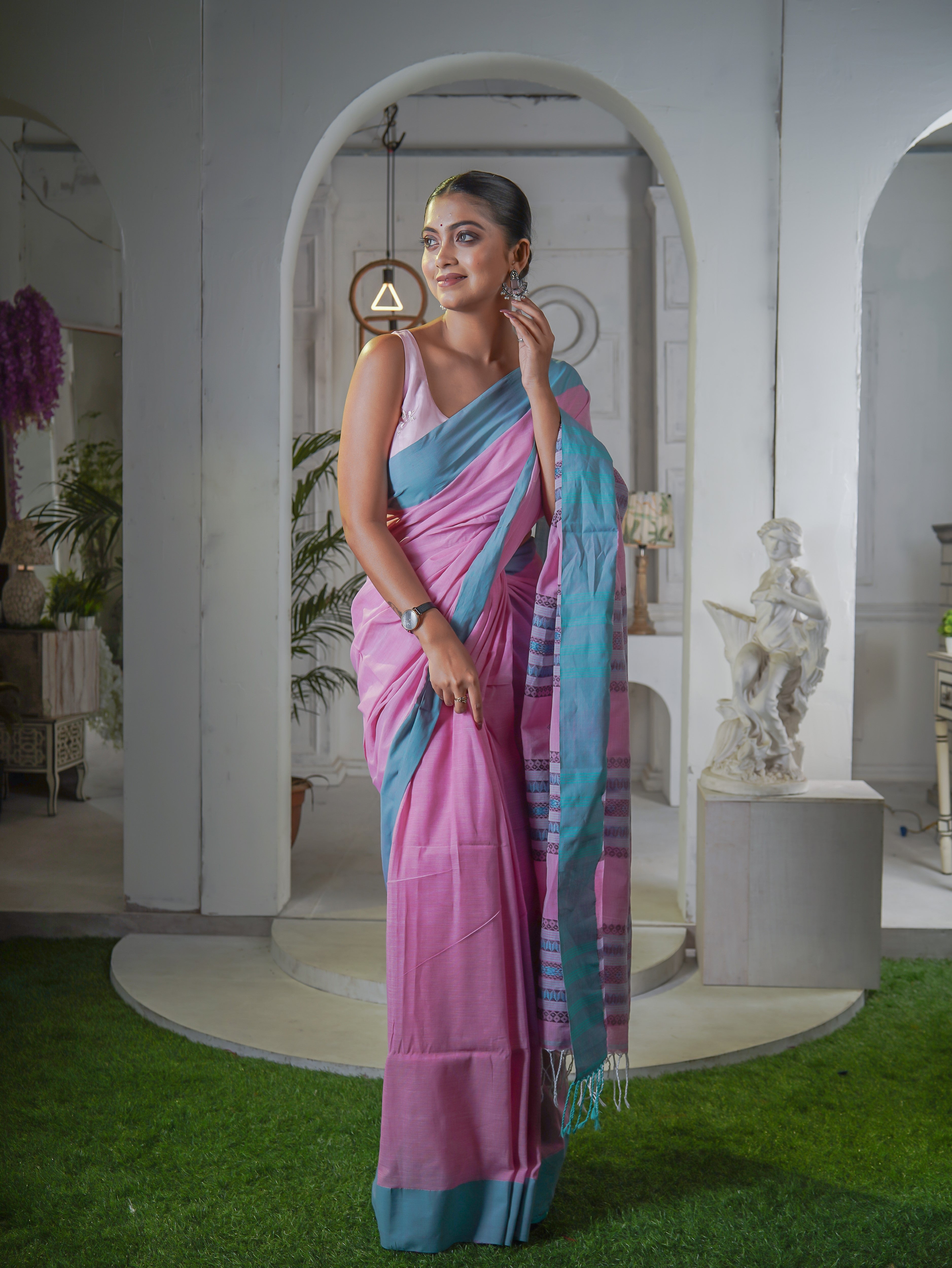 Premium Assam Khadi Cotton Handwoven Saree- Pink