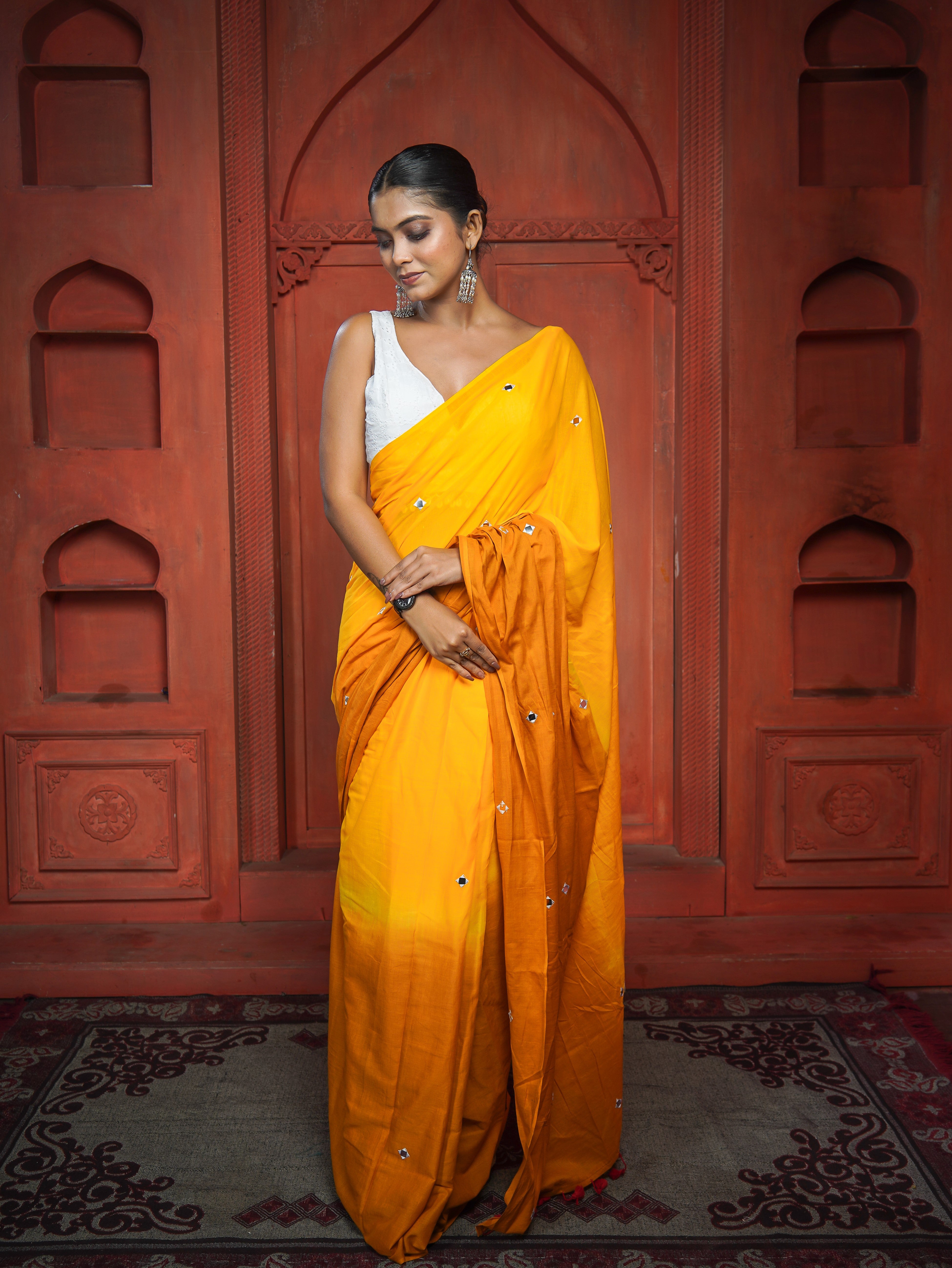 Pure Mul Cotton Mirror Work Saree- Yellow
