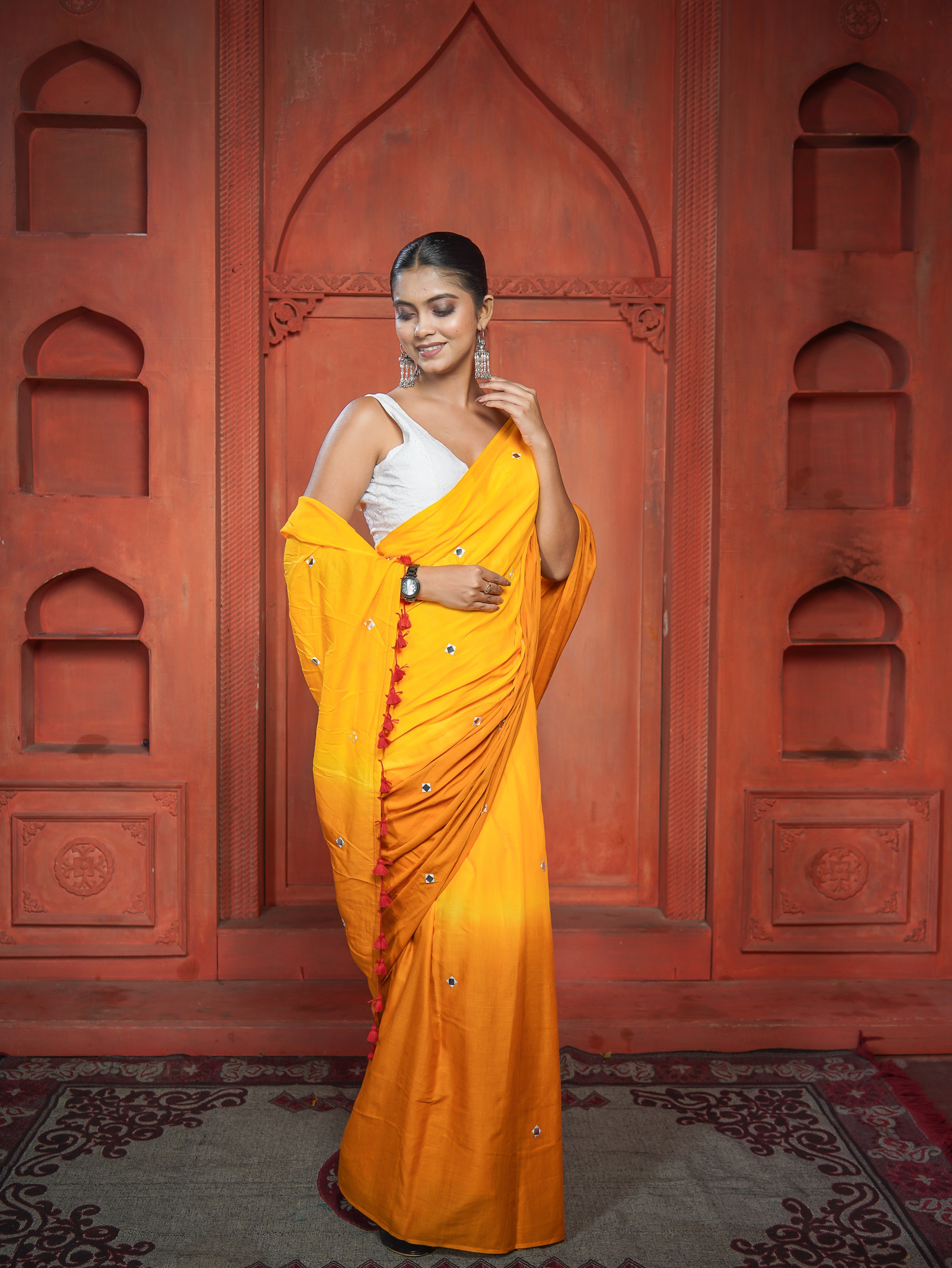 Pure Mul Cotton Mirror Work Saree- Yellow