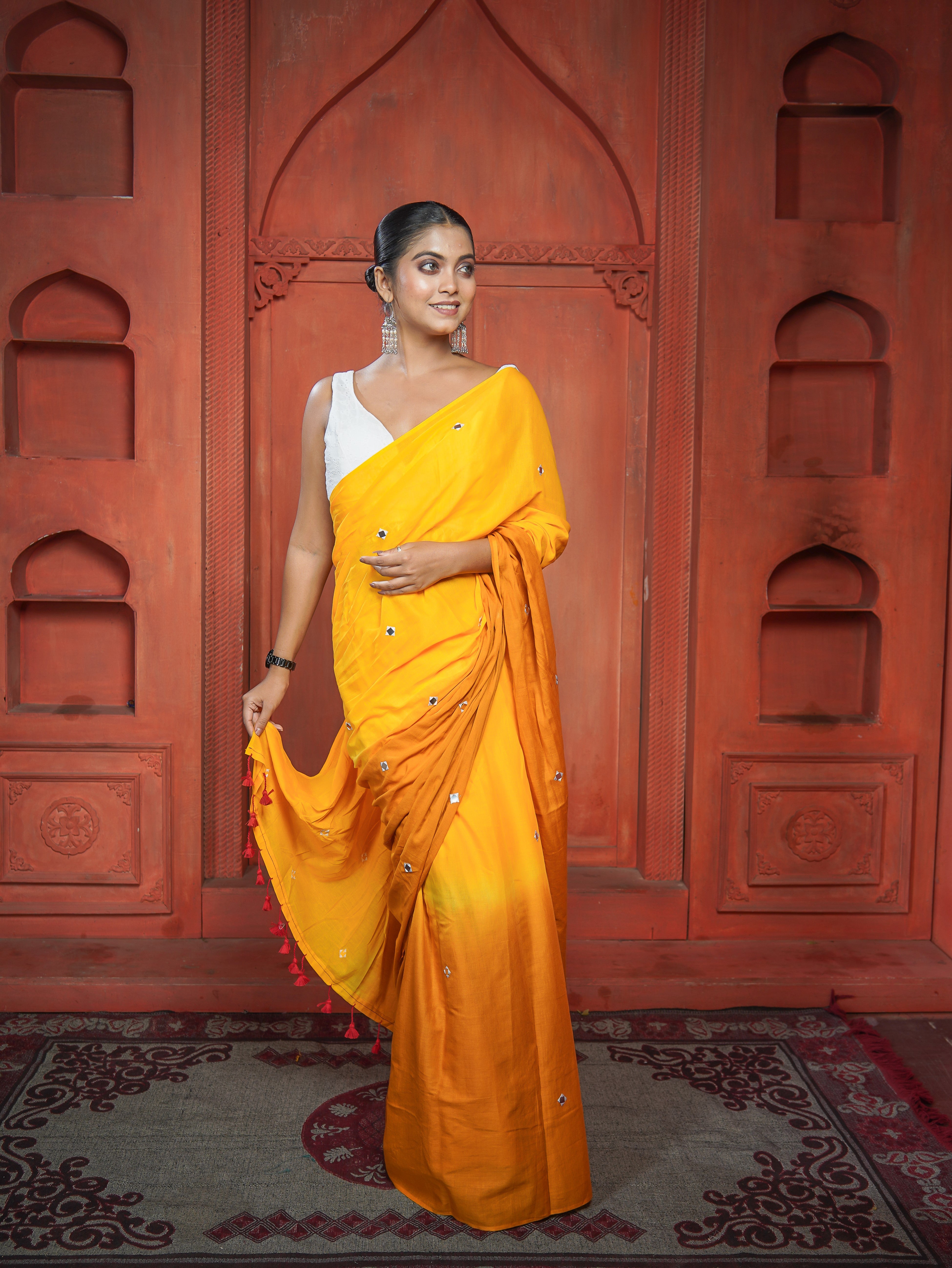 Pure Mul Cotton Mirror Work Saree- Yellow