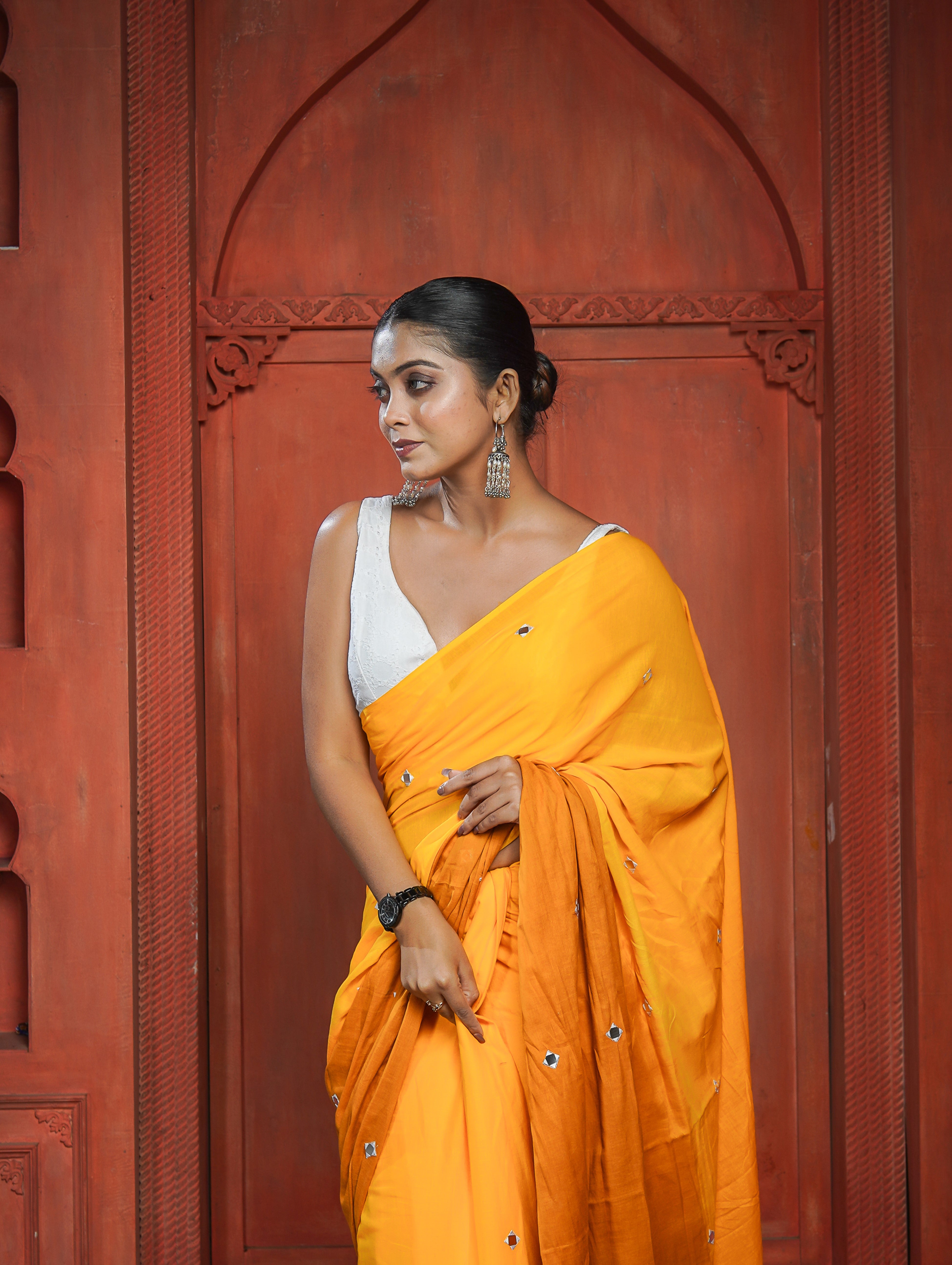 Pure Mul Cotton Mirror Work Saree- Yellow