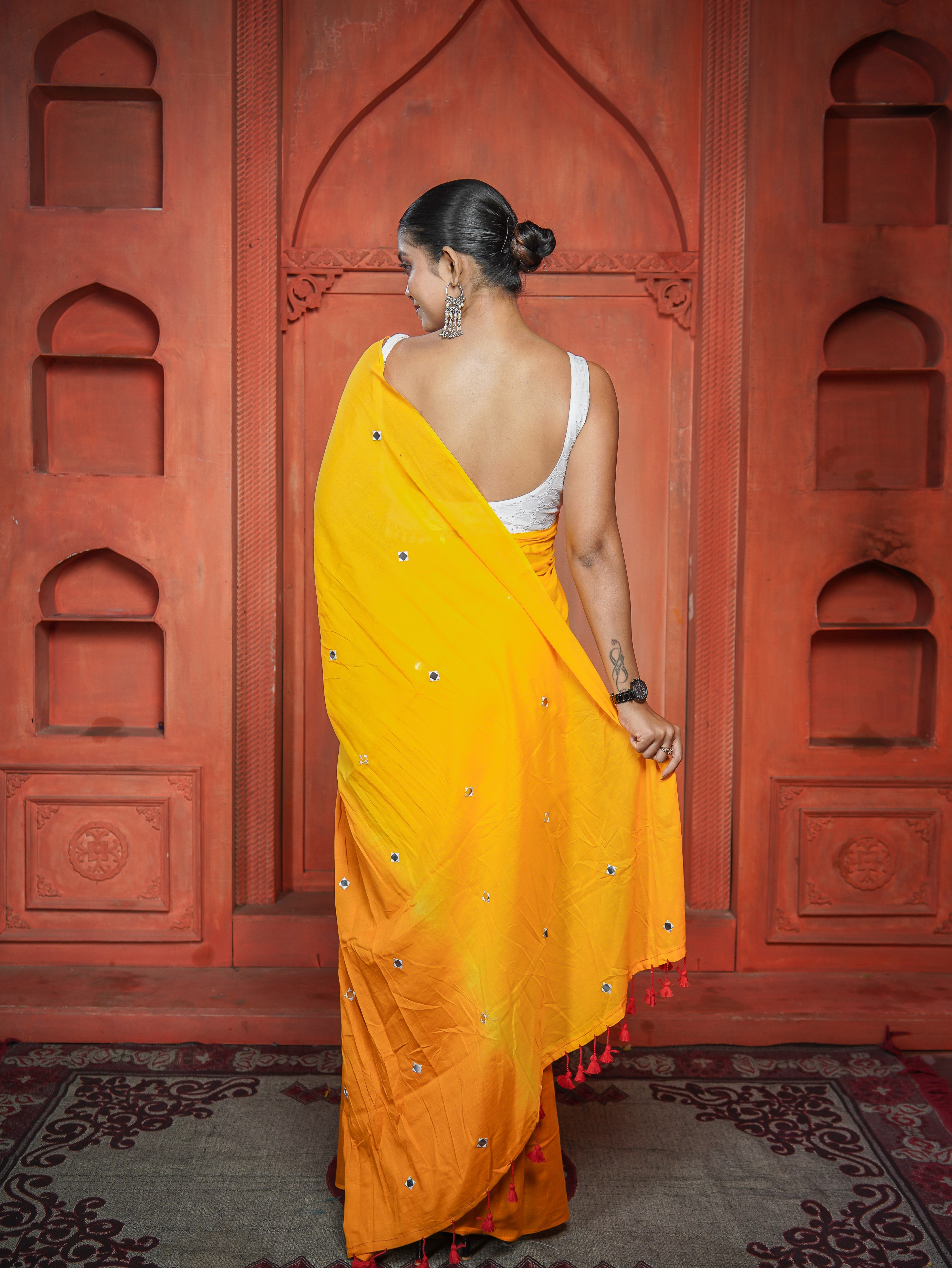 Pure Mul Cotton Mirror Work Saree- Yellow