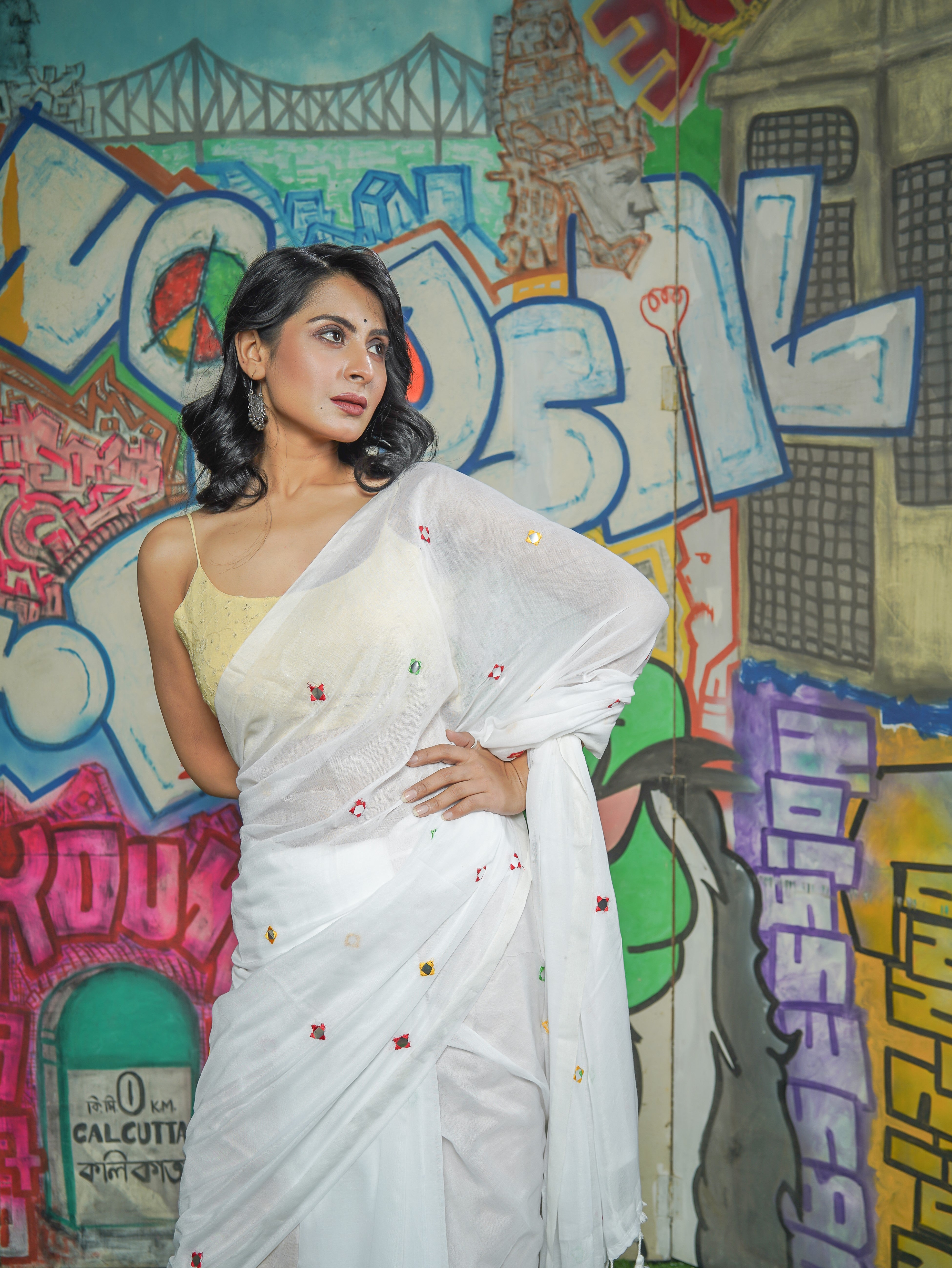 Pure Mul Cotton Mirror Work Saree- White