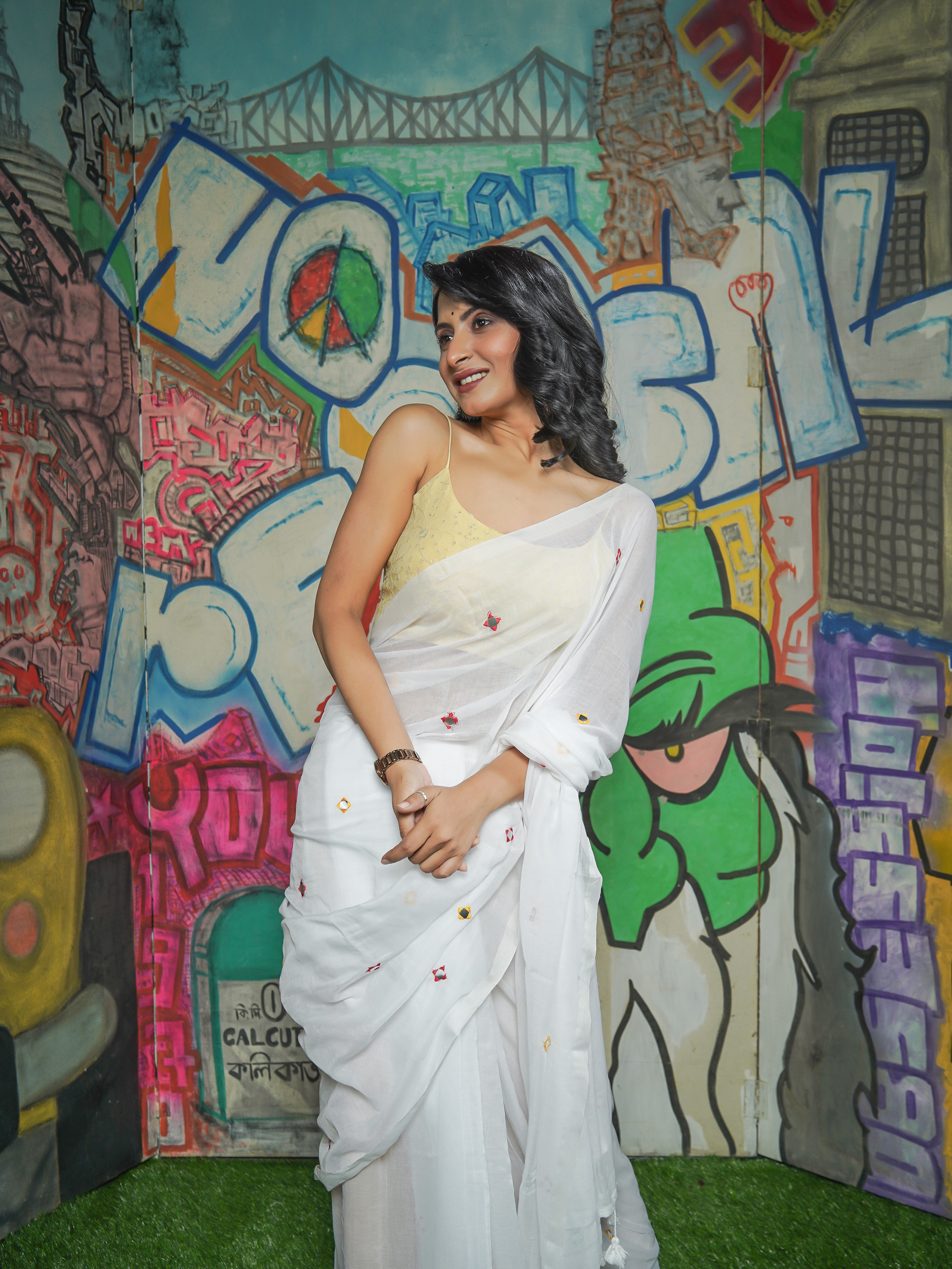 Pure Mul Cotton Mirror Work Saree- White