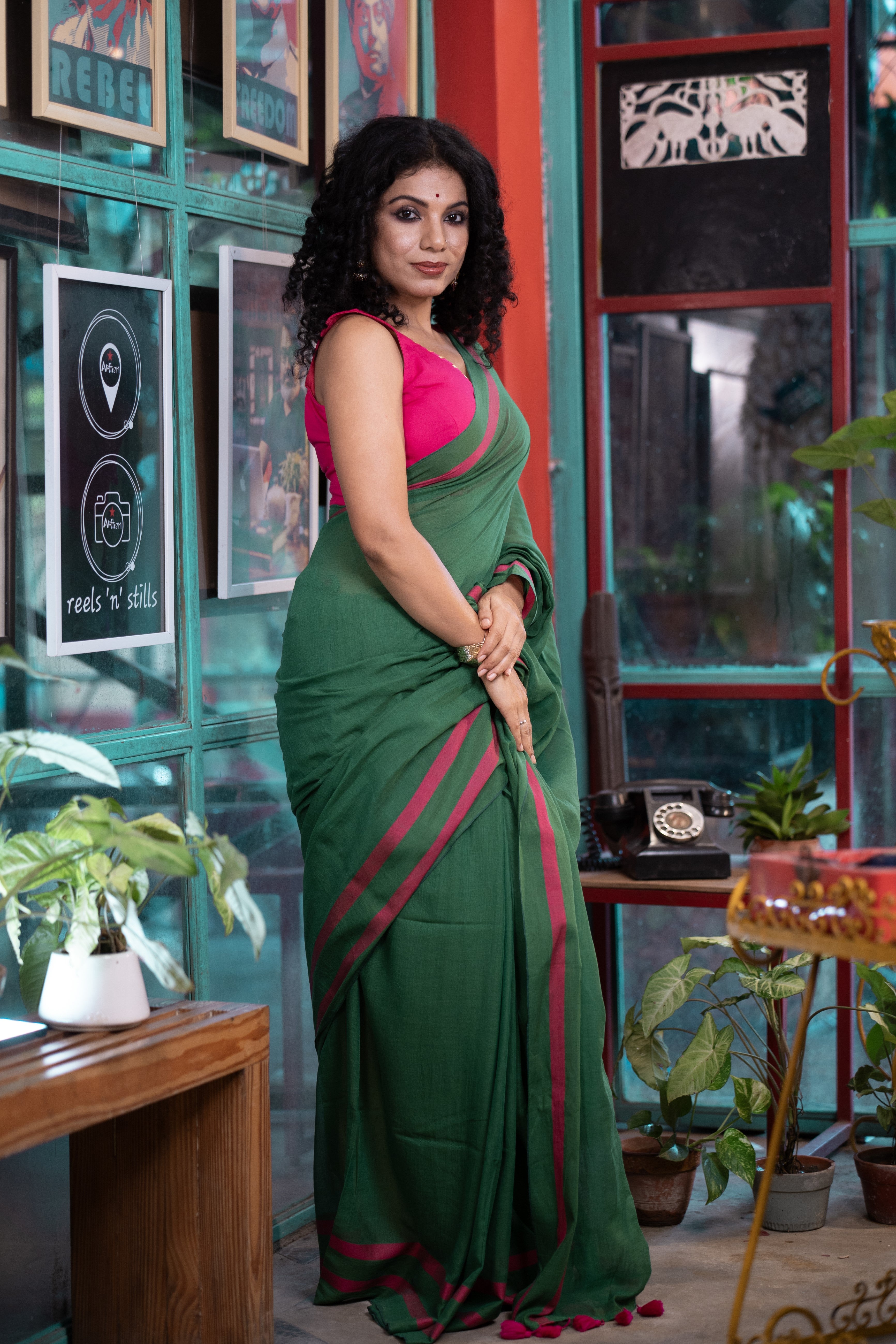 Pure Mulmul Cotton Saree- Green and Rani
