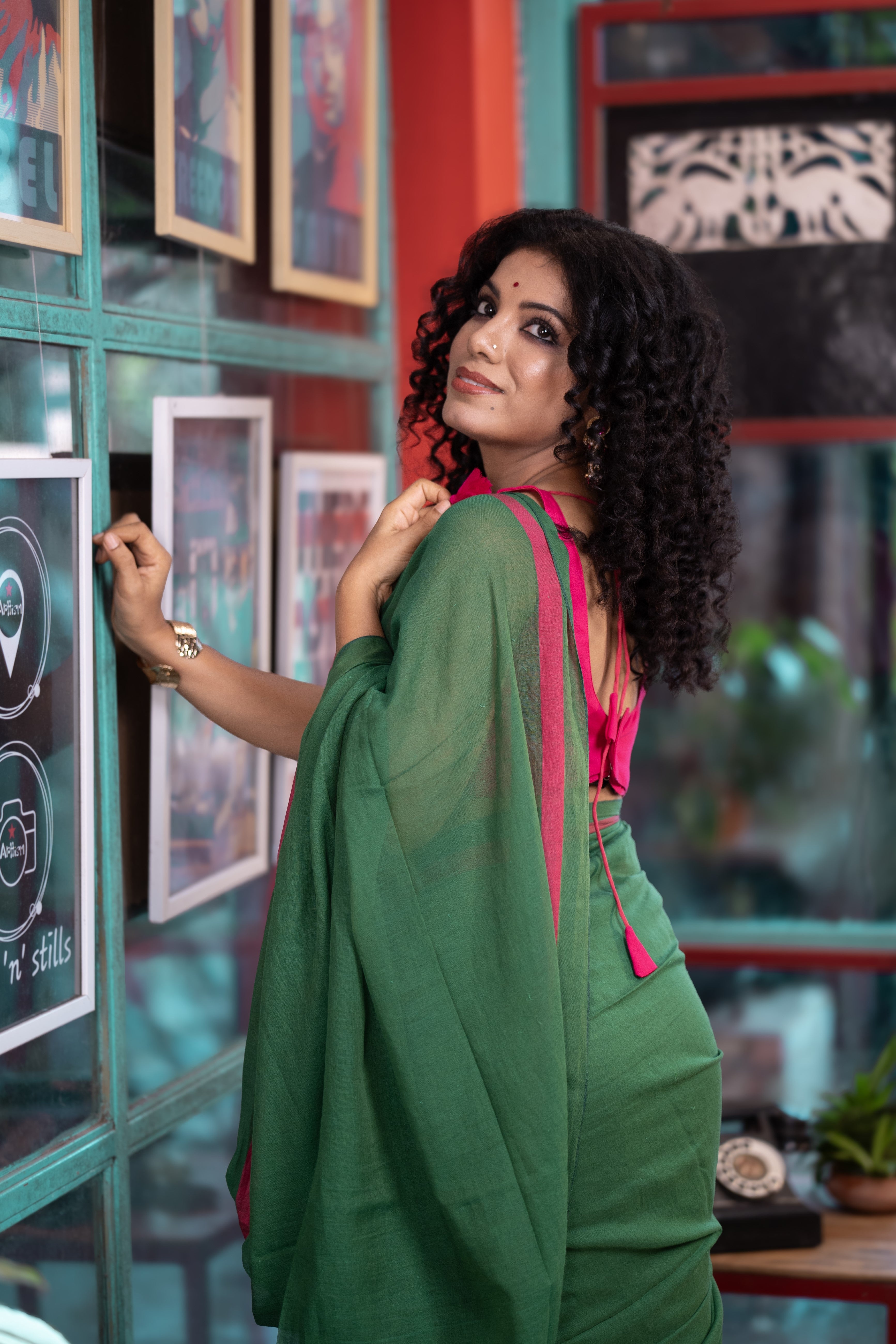 Pure Mulmul Cotton Saree- Green and Rani