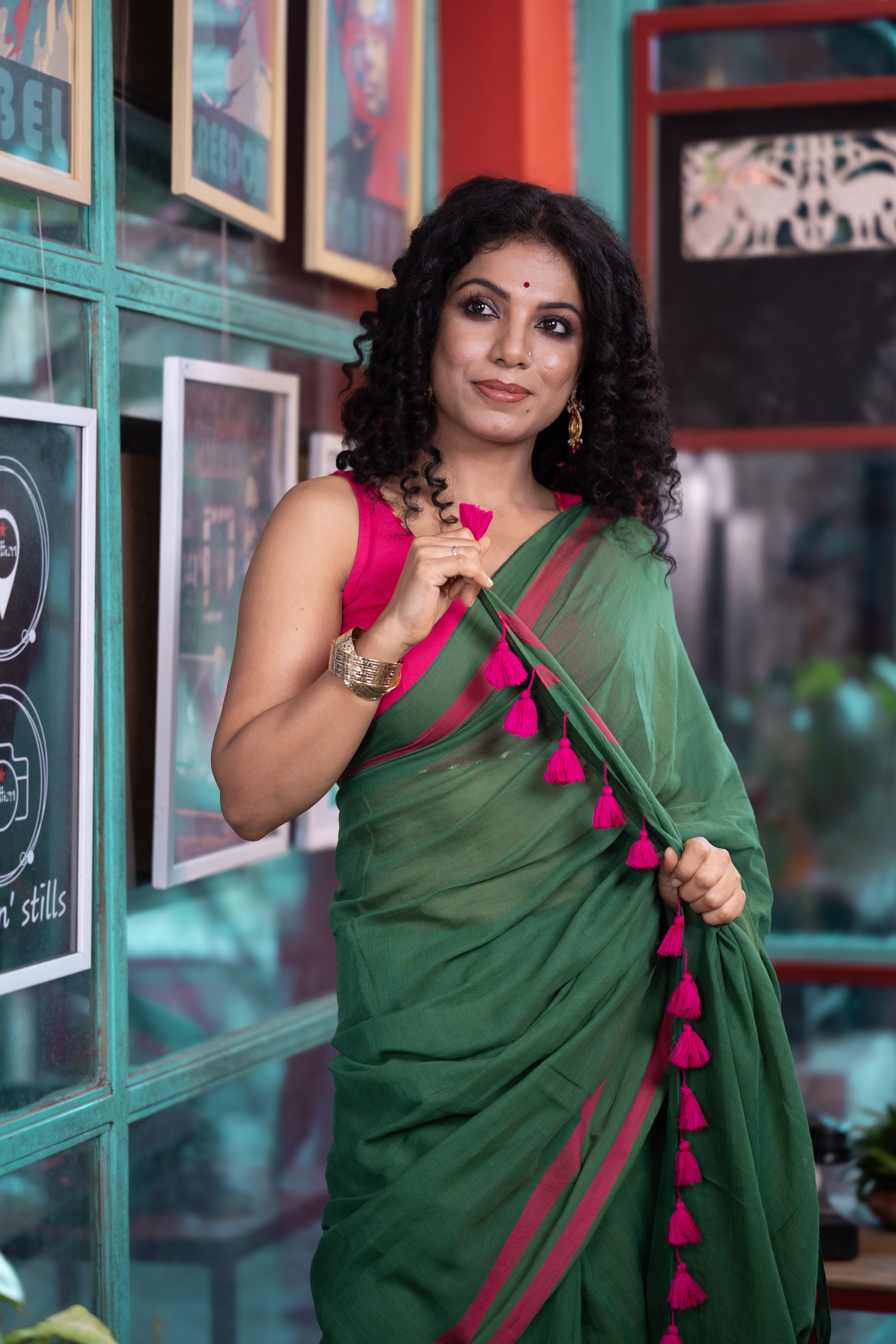 Pure Mulmul Cotton Saree- Green and Rani
