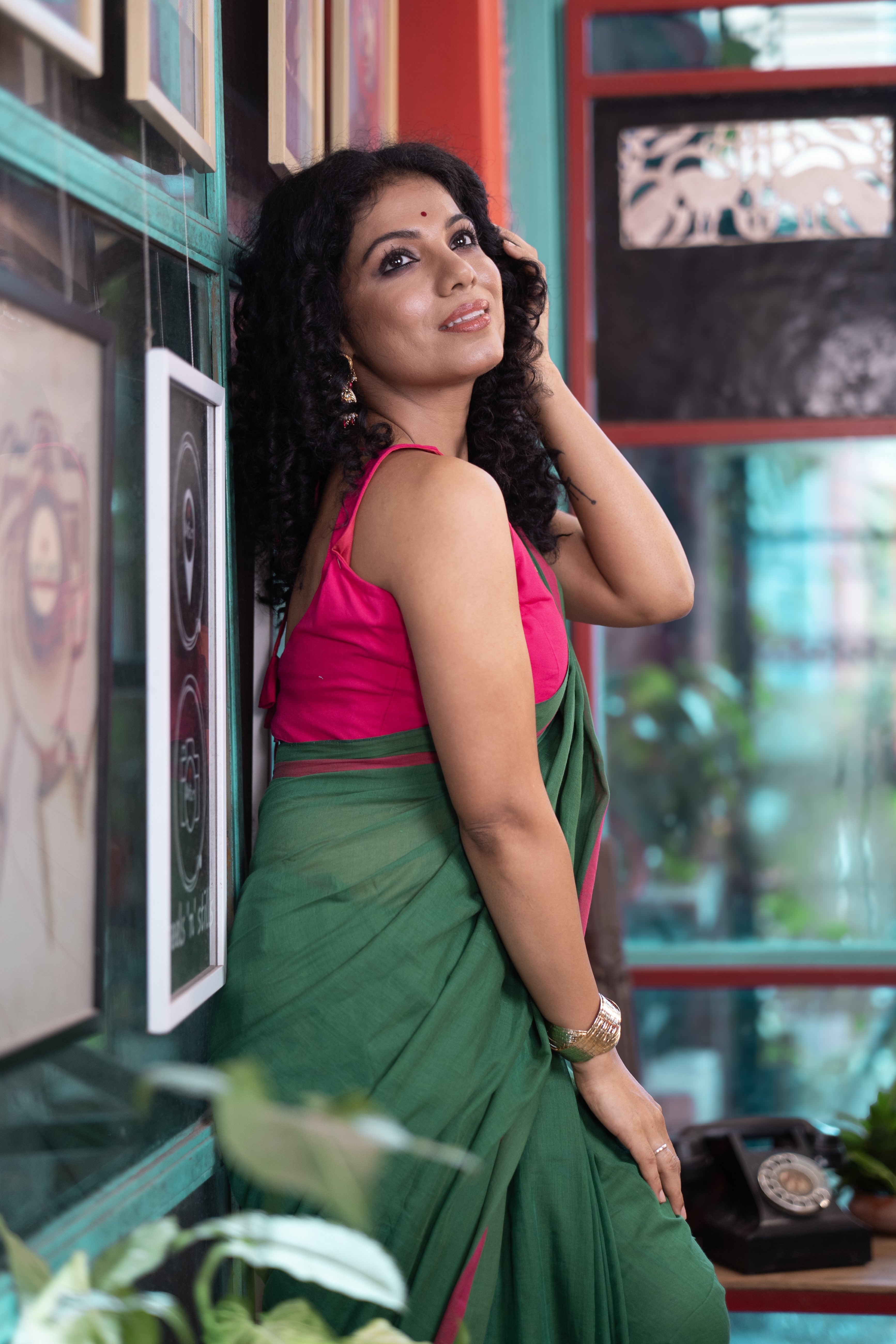 Pure Mulmul Cotton Saree- Green and Rani