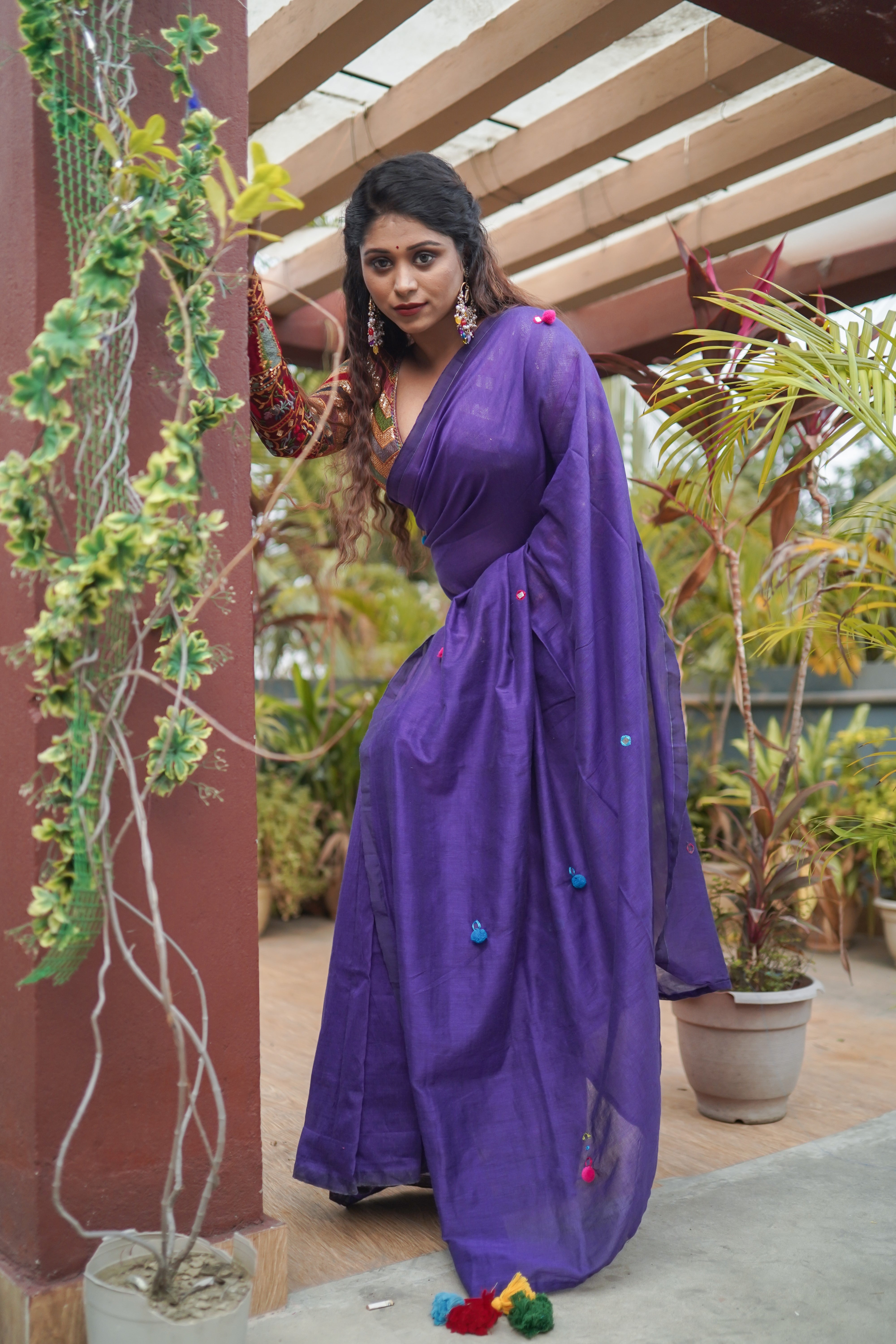 Purple Khadi Cotton Mirror Work Weaving Pompom Saree