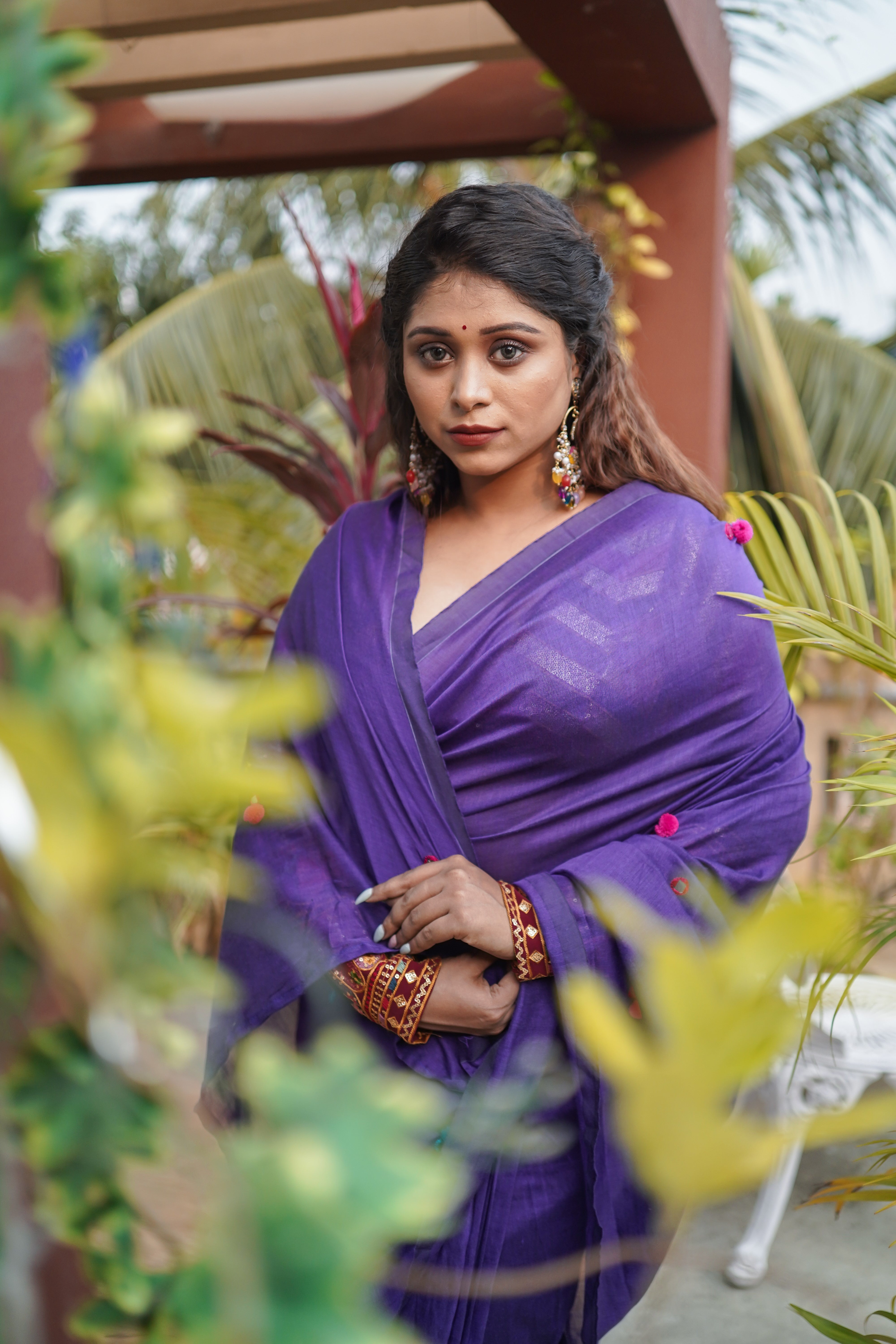 Purple Khadi Cotton Mirror Work Weaving Pompom Saree
