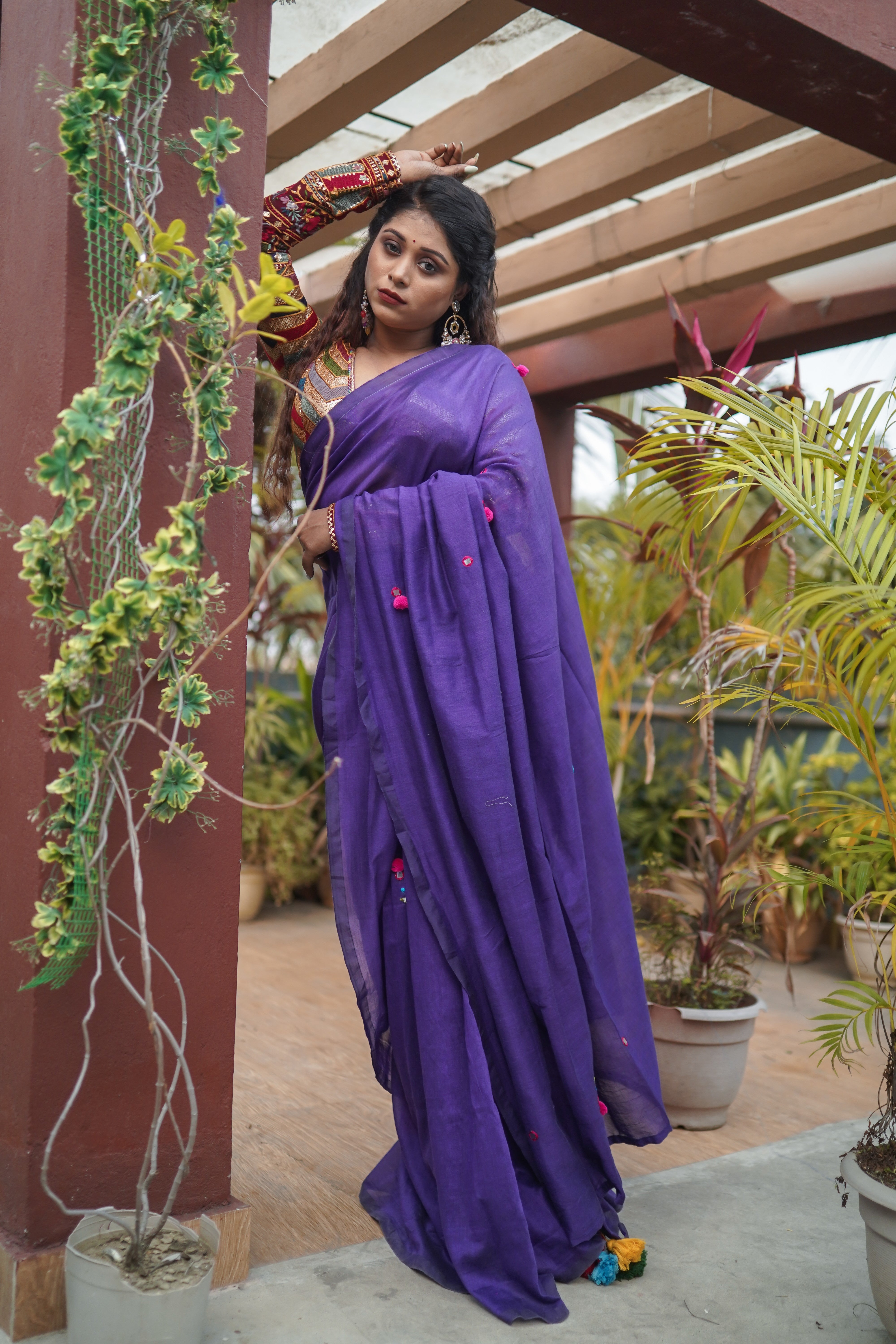 Purple Khadi Cotton Mirror Work Weaving Pompom Saree