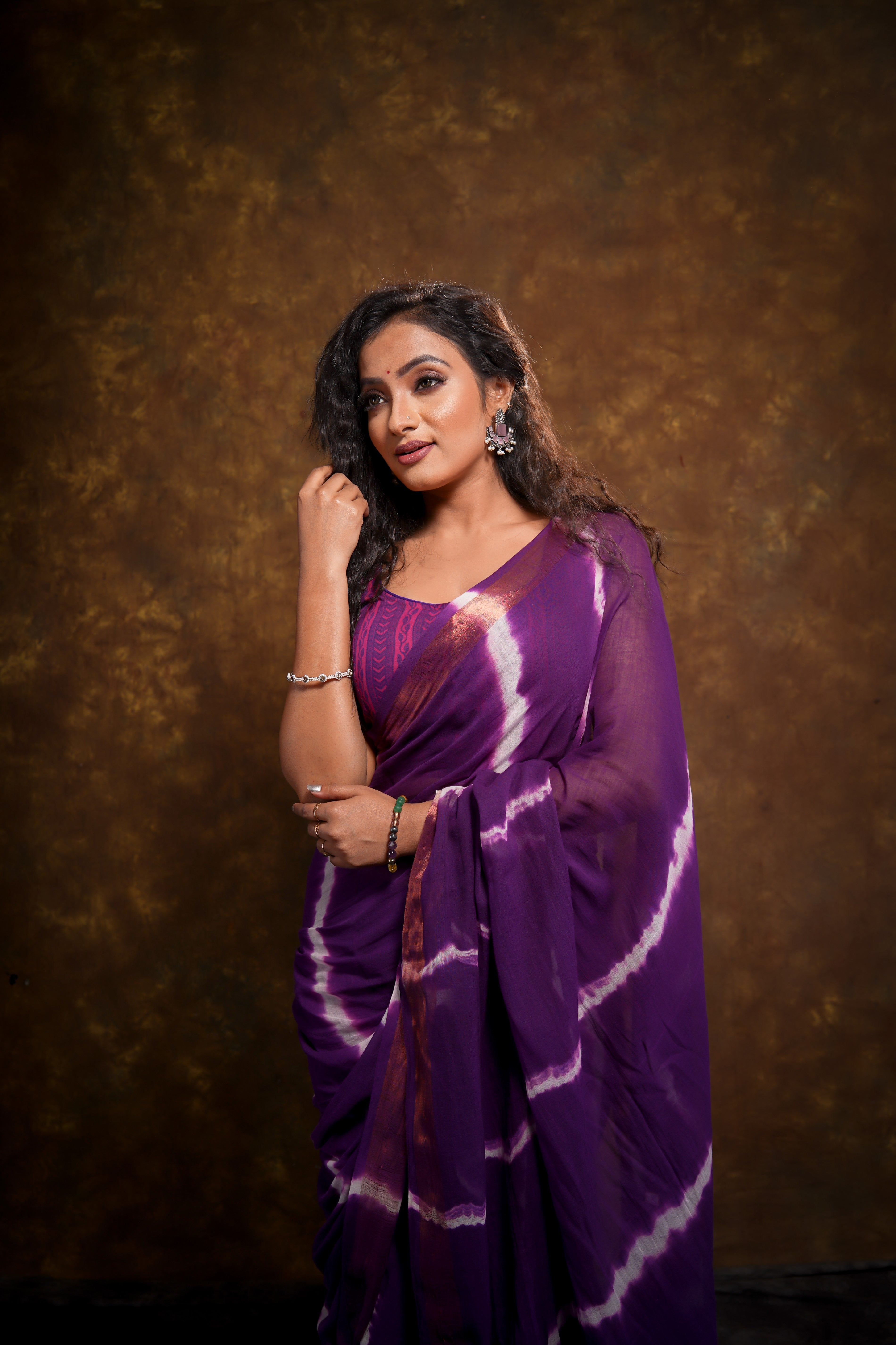 Purple Shibori Print Mul Mul Cotton Saree