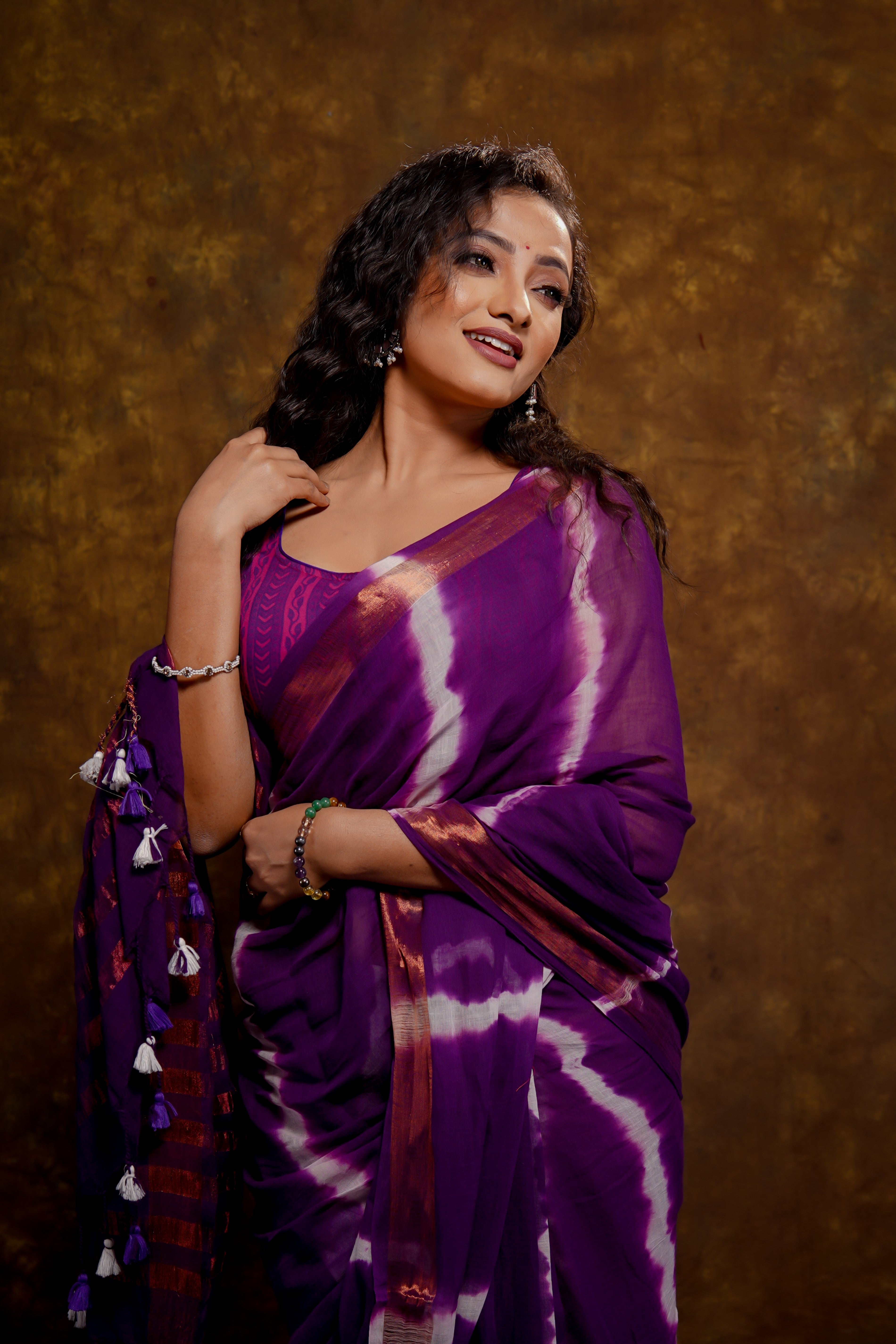 Purple Shibori Print Mul Mul Cotton Saree