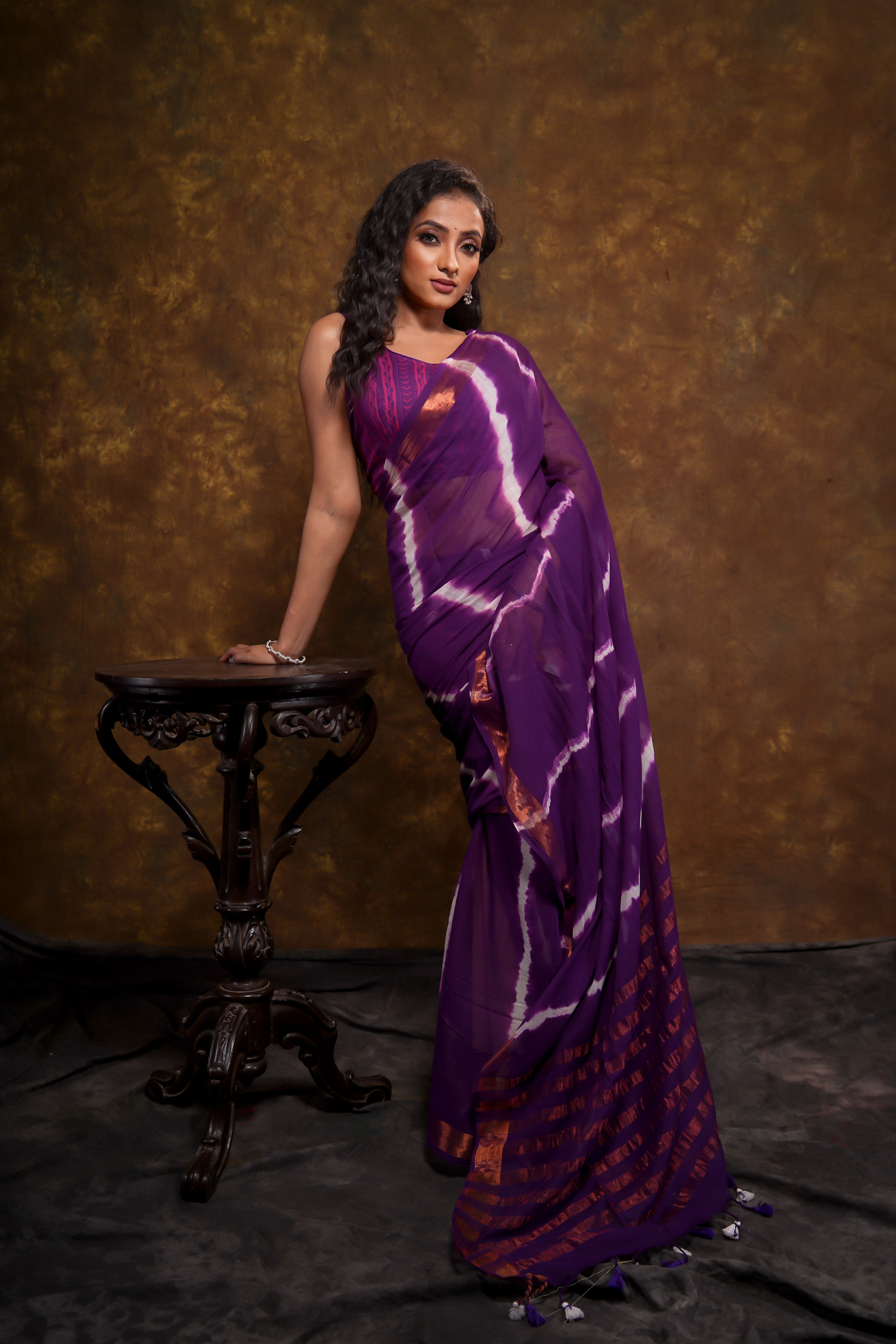 Purple Shibori Print Mul Mul Cotton Saree