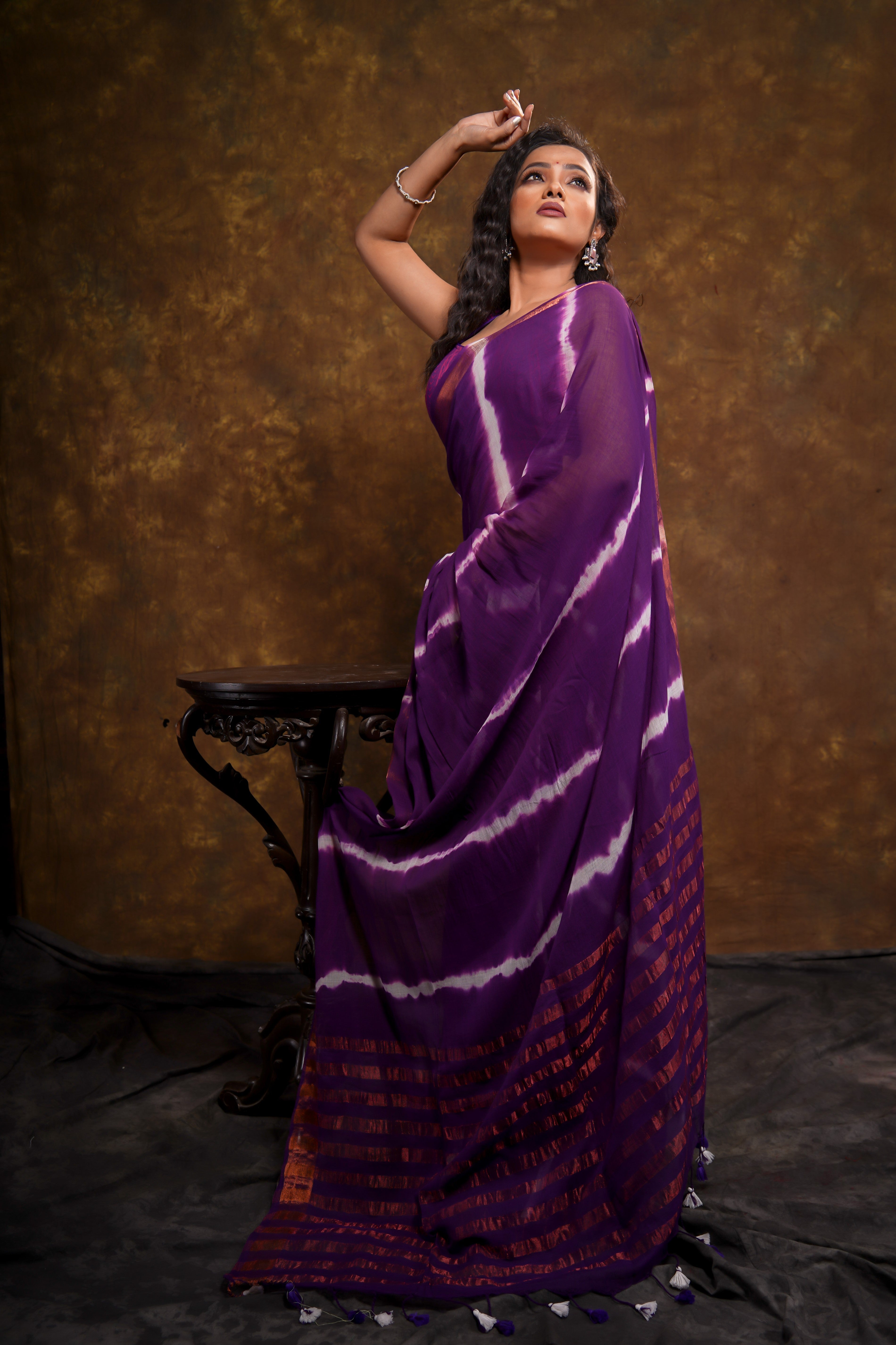 Purple Shibori Print Mul Mul Cotton Saree