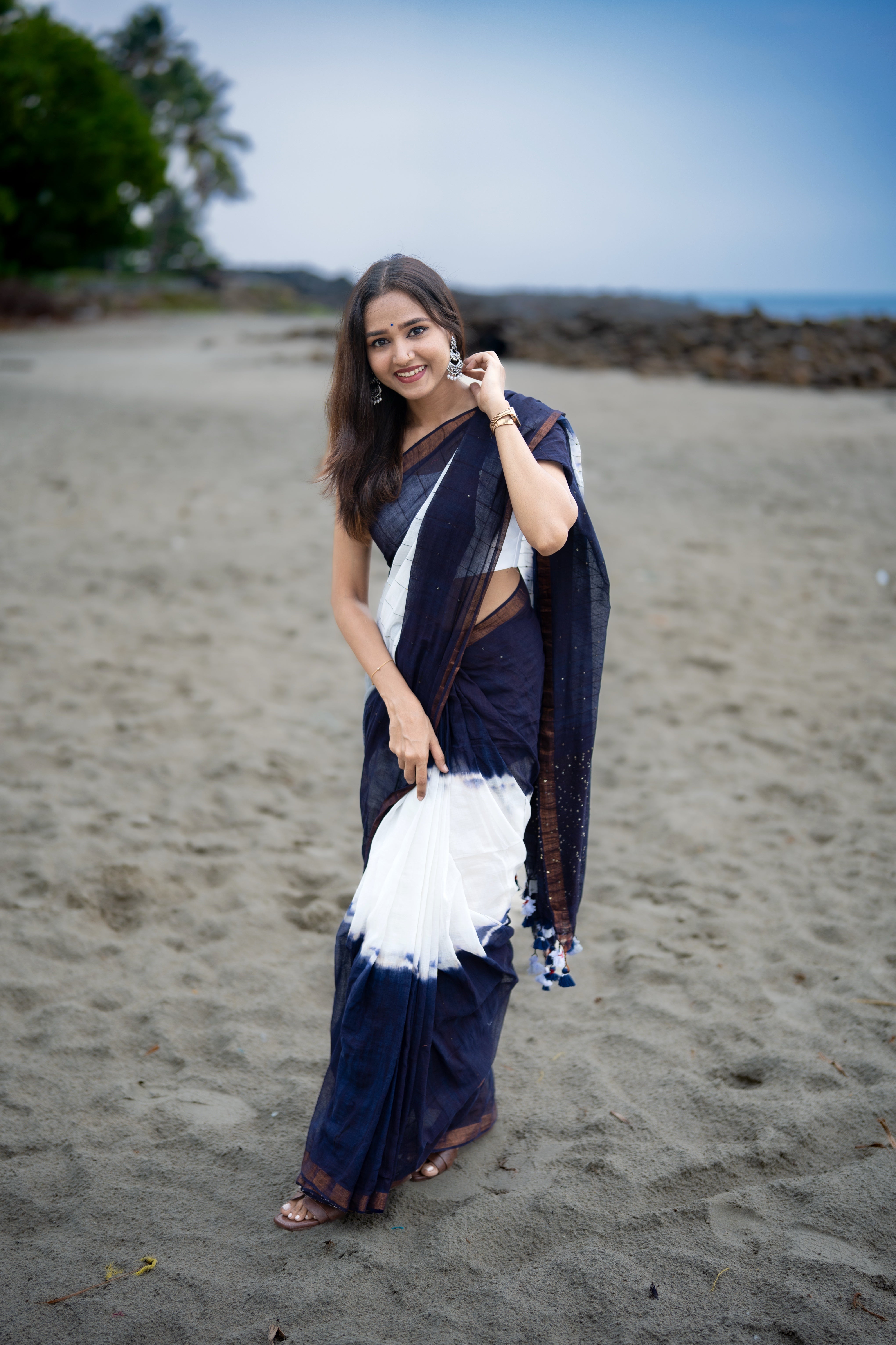 Rang Bahari Sequence Work Pure Mul Cotton Saree-Blue White