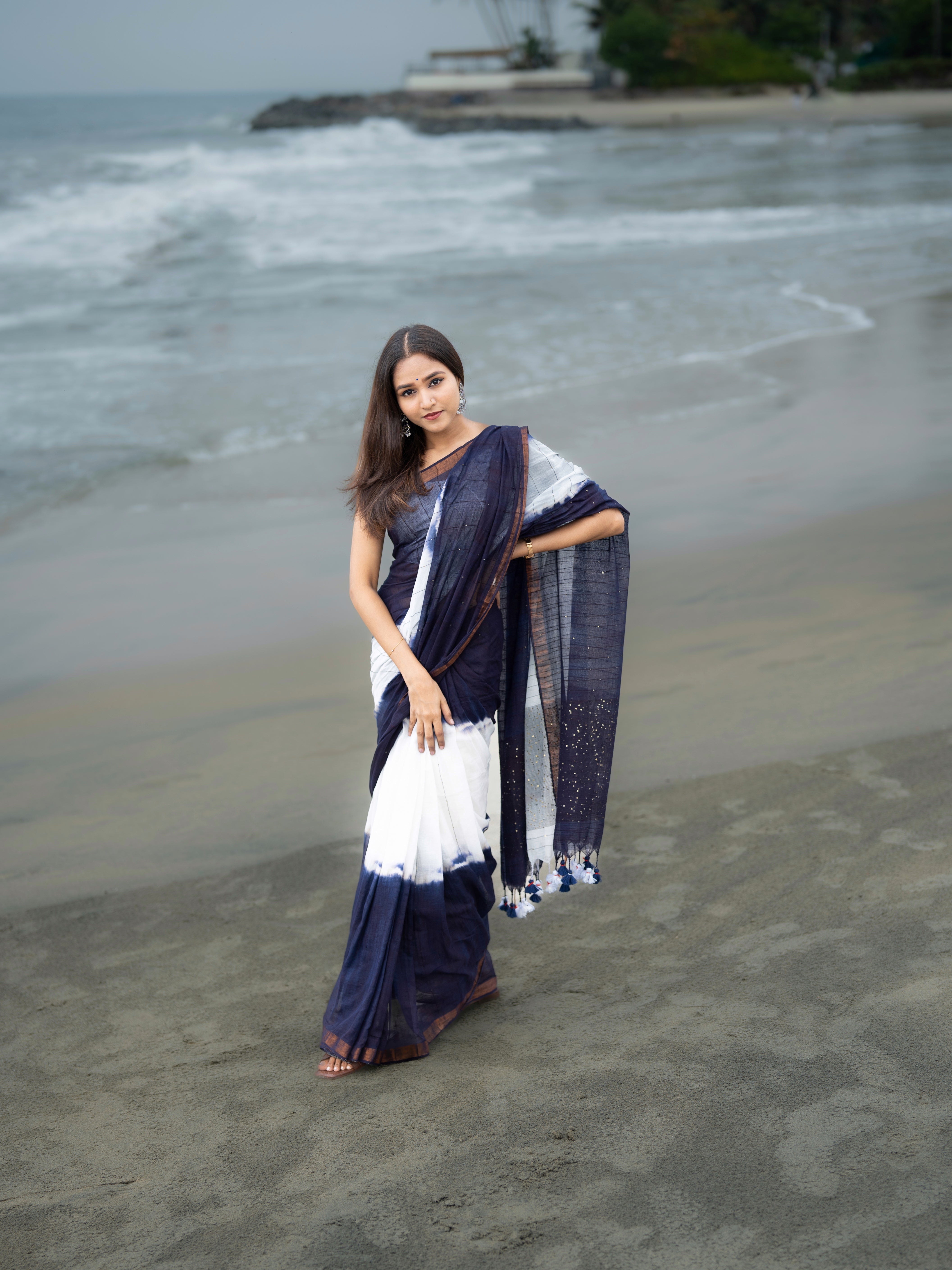 Rang Bahari Sequence Work Pure Mul Cotton Saree-Blue White