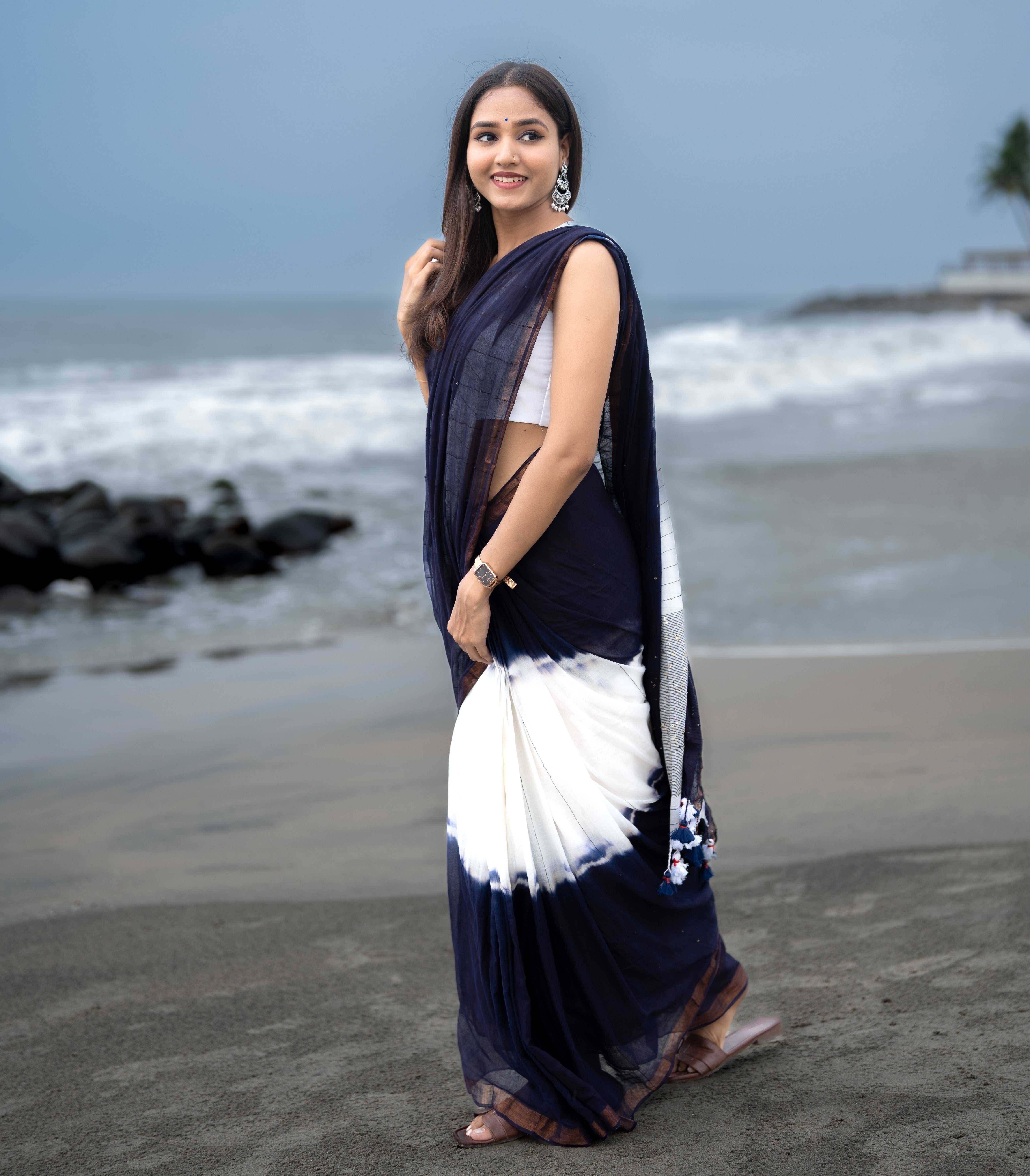 Rang Bahari Sequence Work Pure Mul Cotton Saree-Blue White