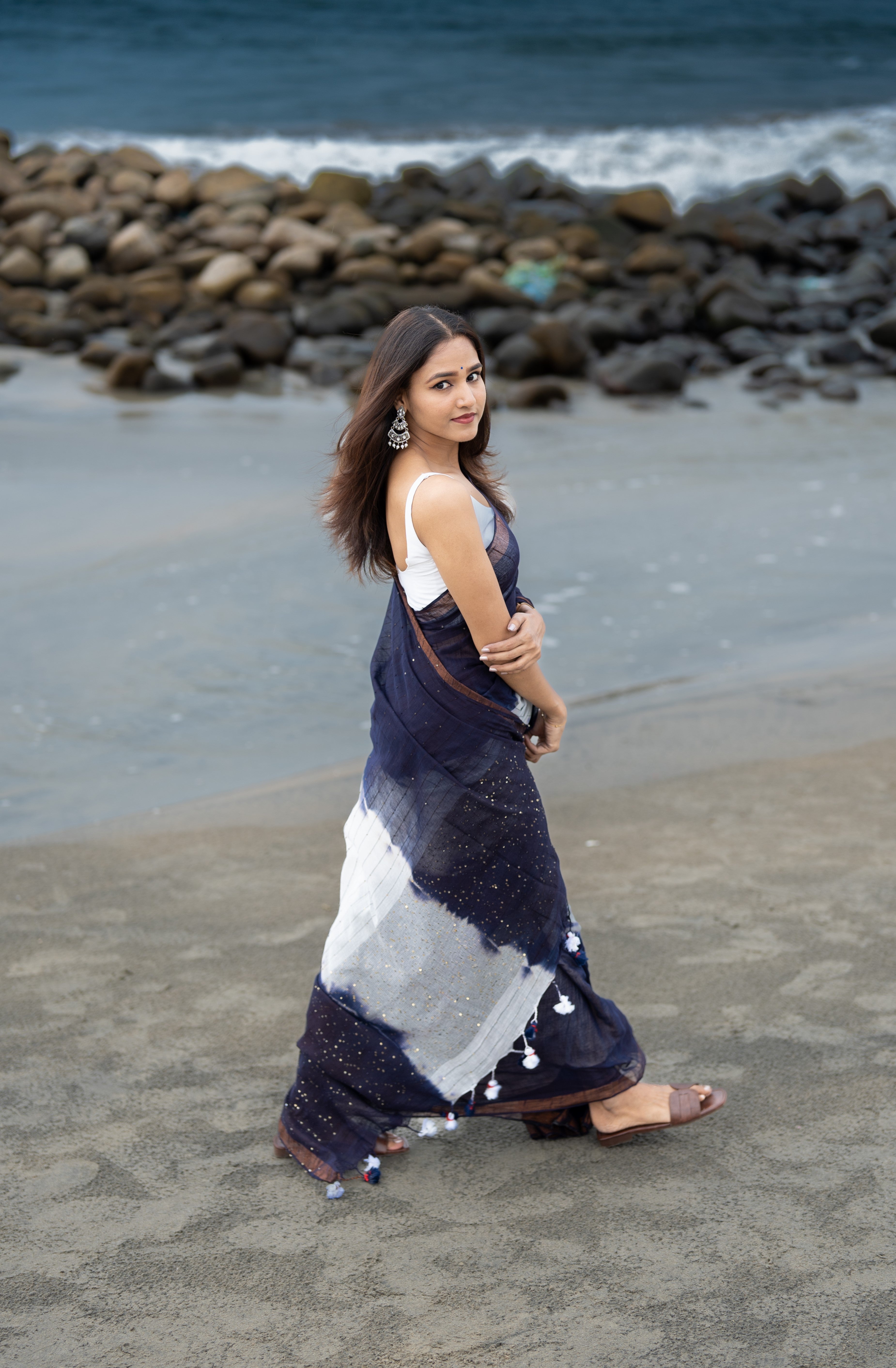 Rang Bahari Sequence Work Pure Mul Cotton Saree-Blue White
