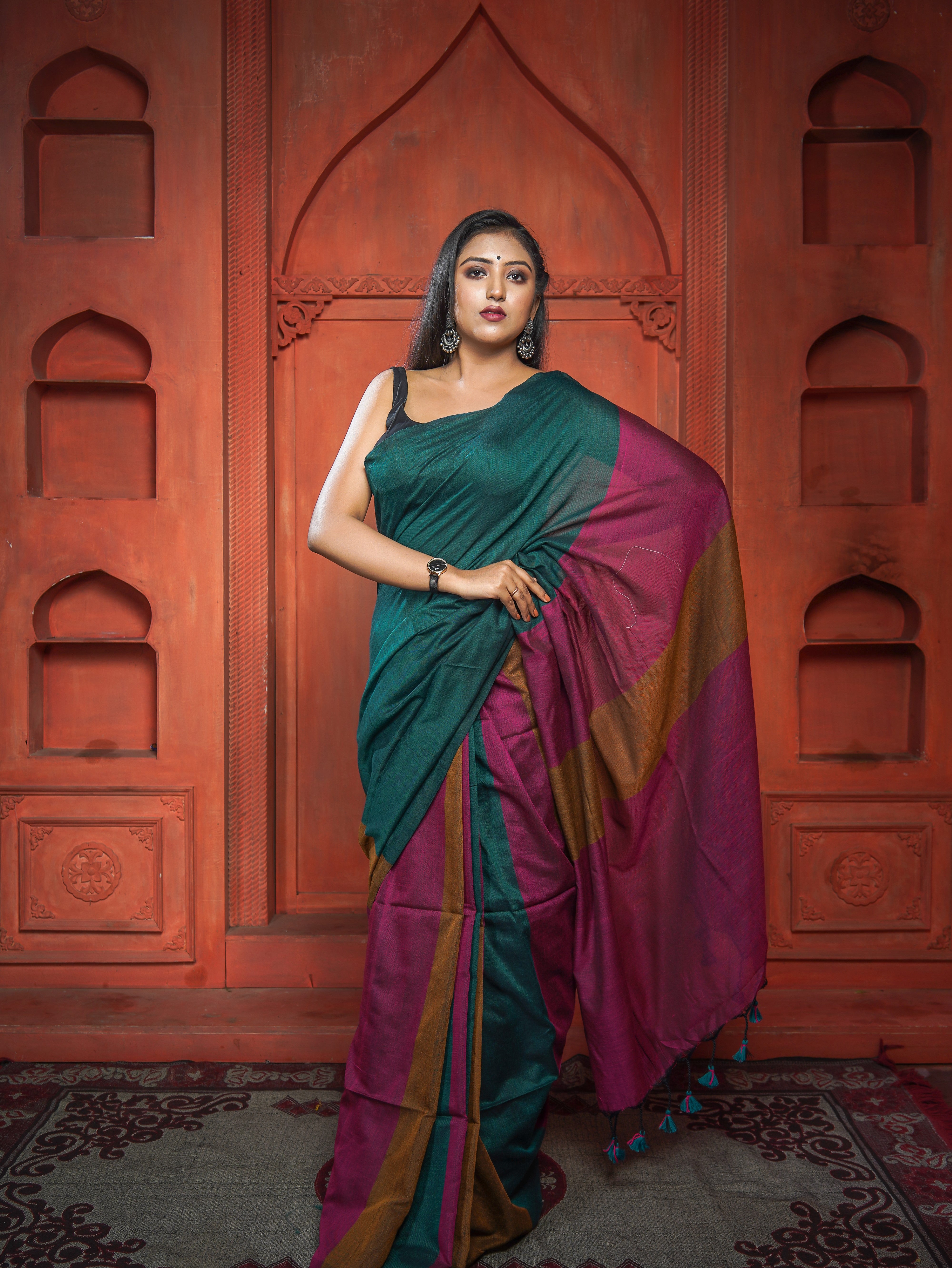 Rani & Green Pink Multicoloure Check Khadi Cotton Saree