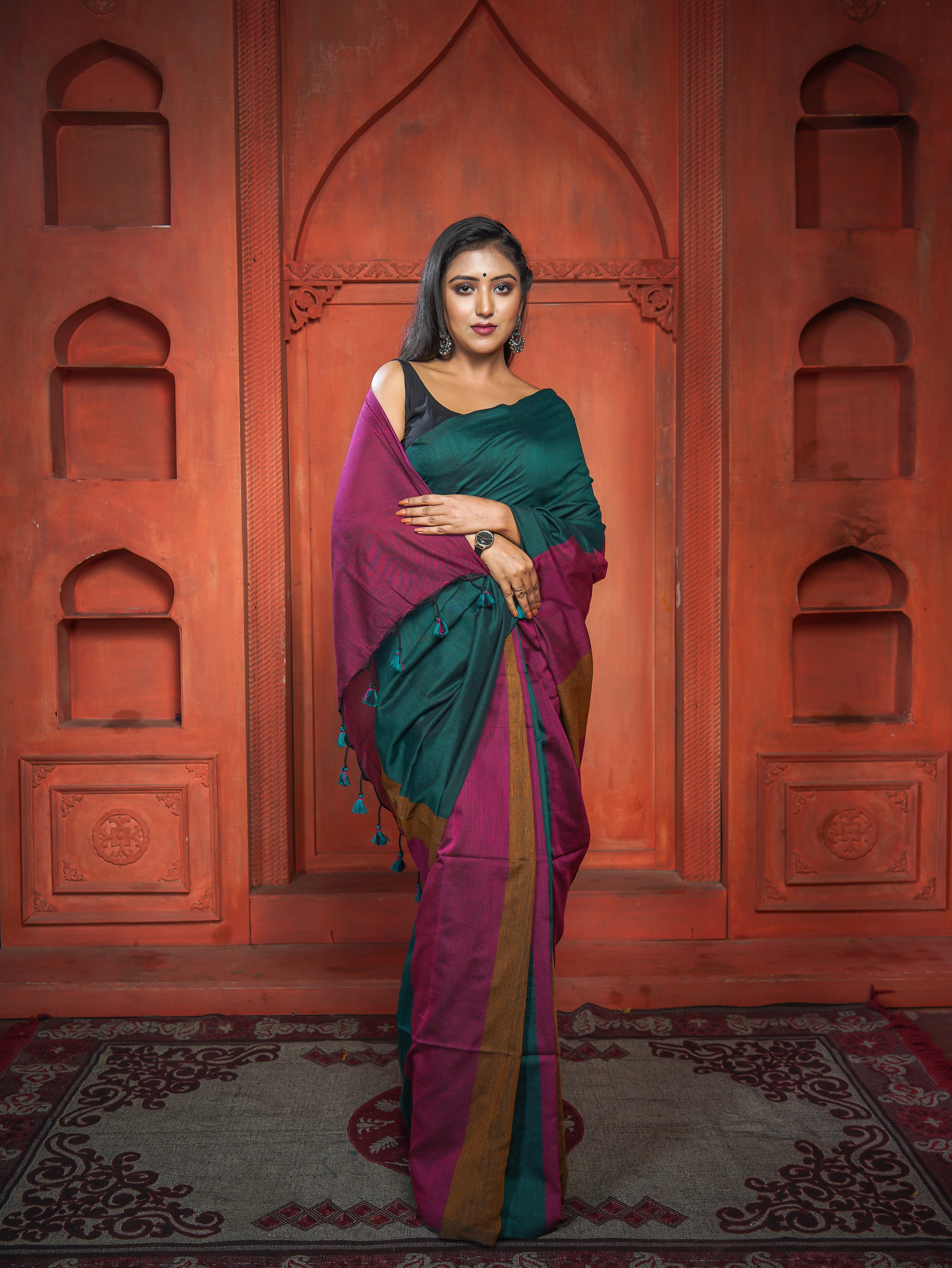 Rani & Green Pink Multicoloure Check Khadi Cotton Saree