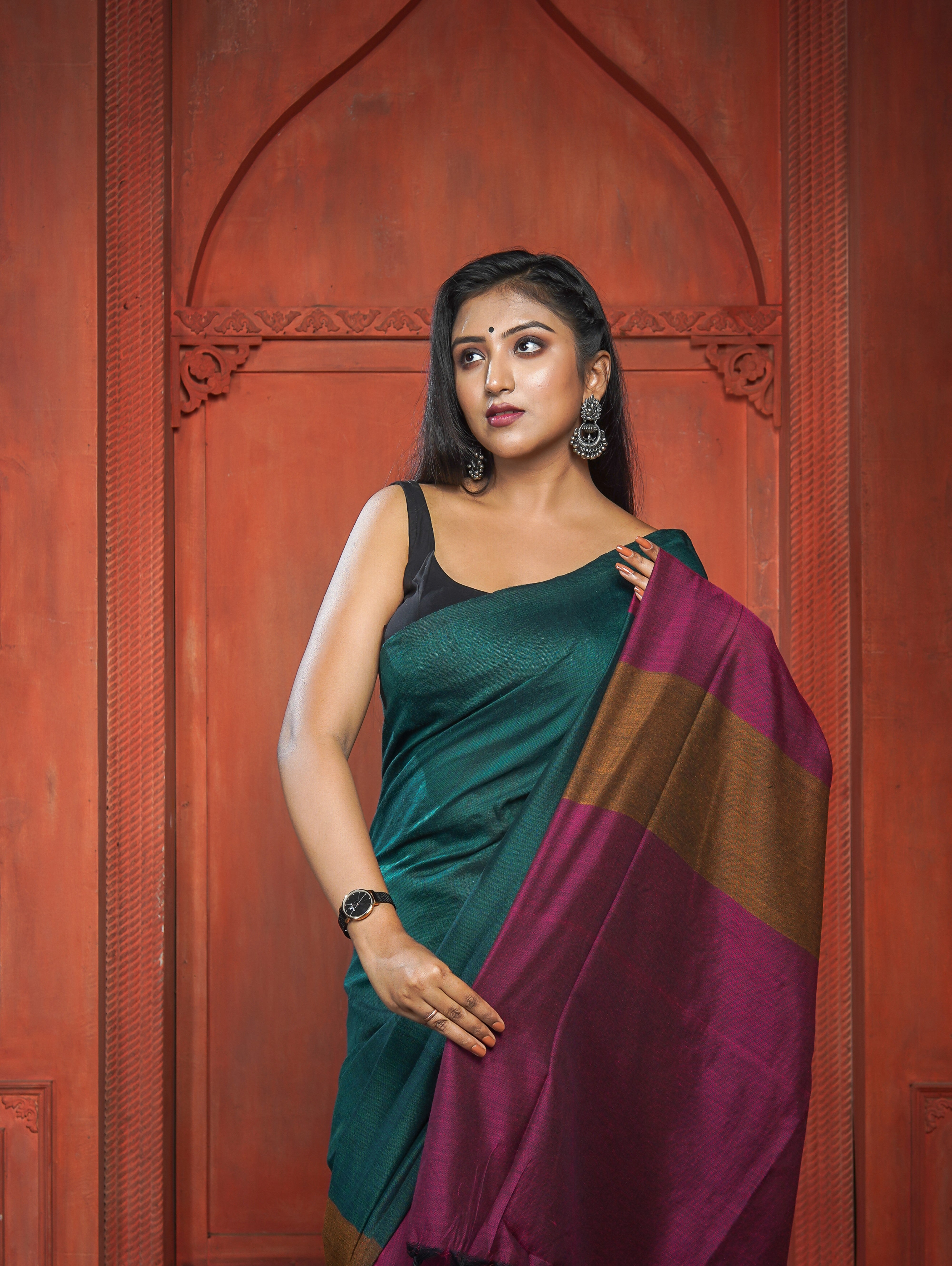 Rani & Green Pink Multicoloure Check Khadi Cotton Saree