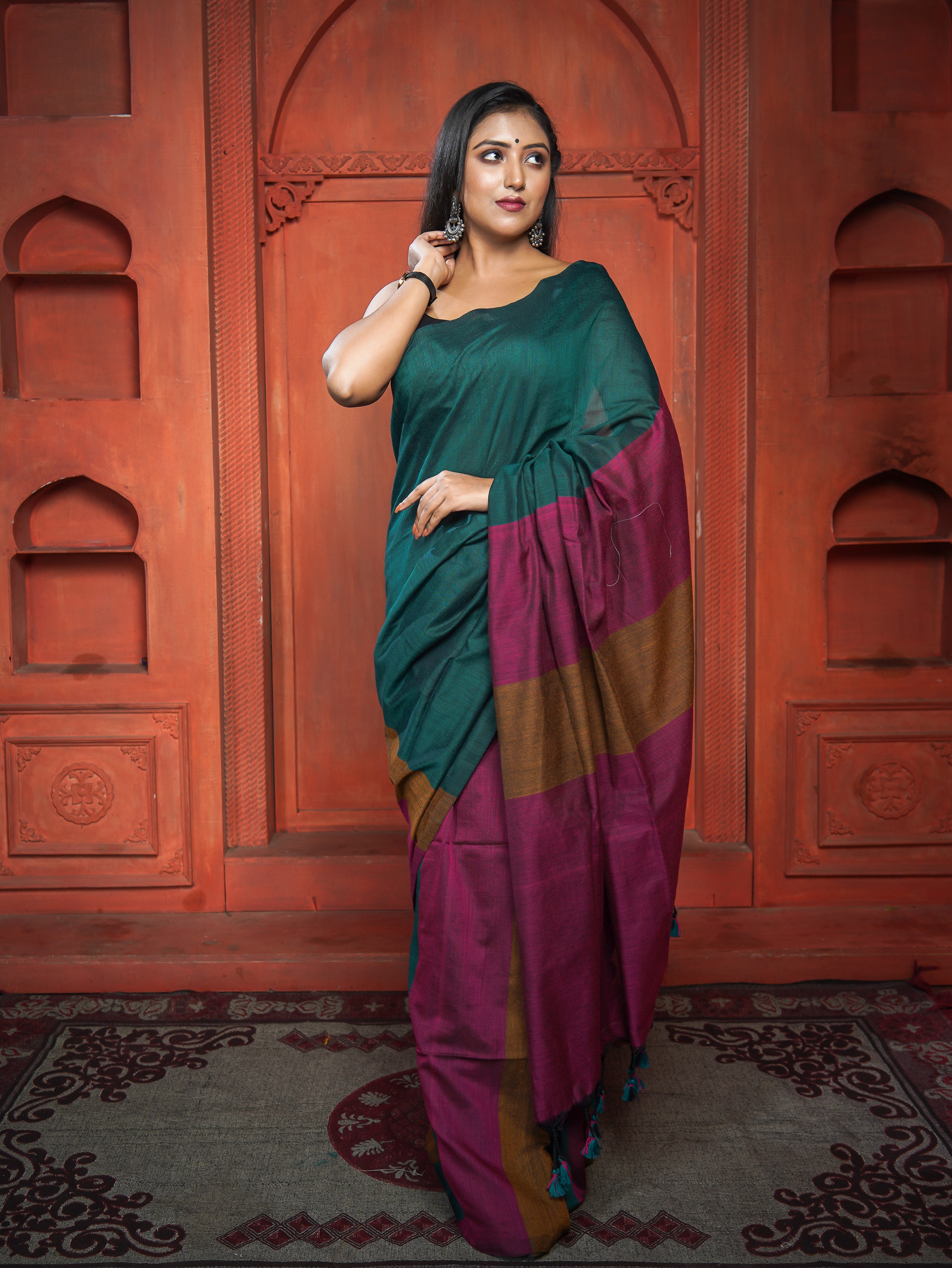 Rani & Green Pink Multicoloure Check Khadi Cotton Saree