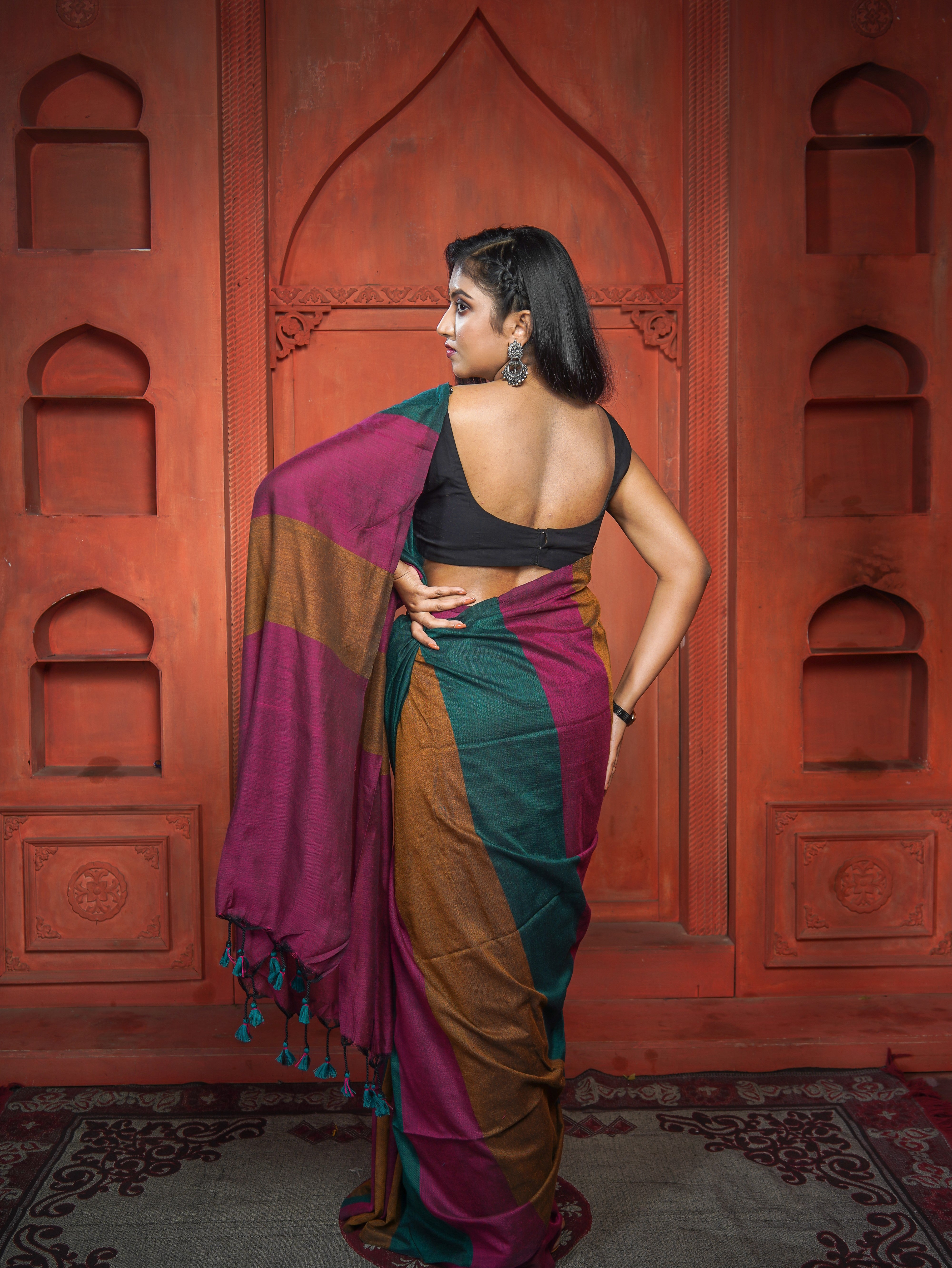 Rani & Green Pink Multicoloure Check Khadi Cotton Saree