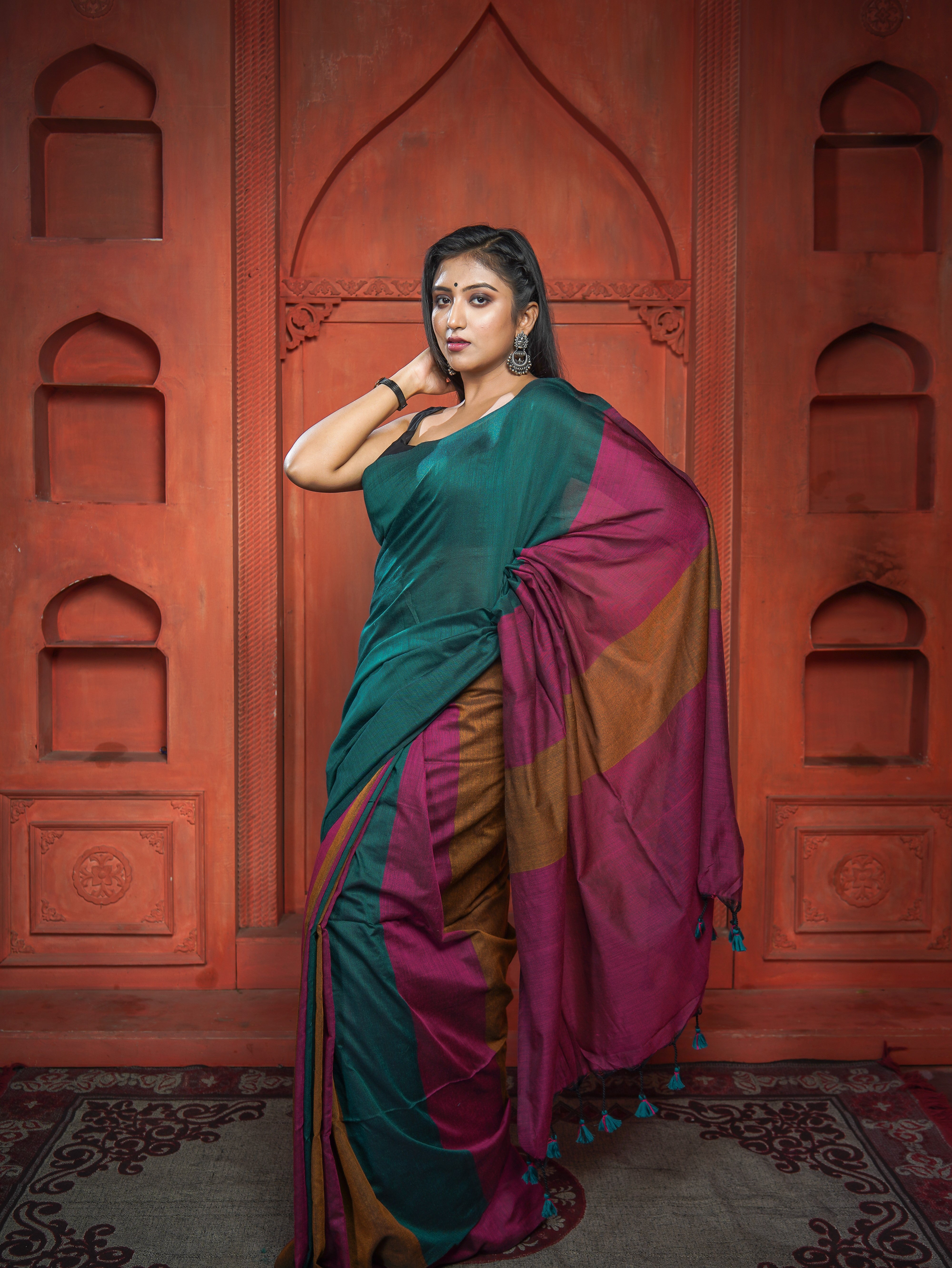 Rani & Green Pink Multicoloure Check Khadi Cotton Saree