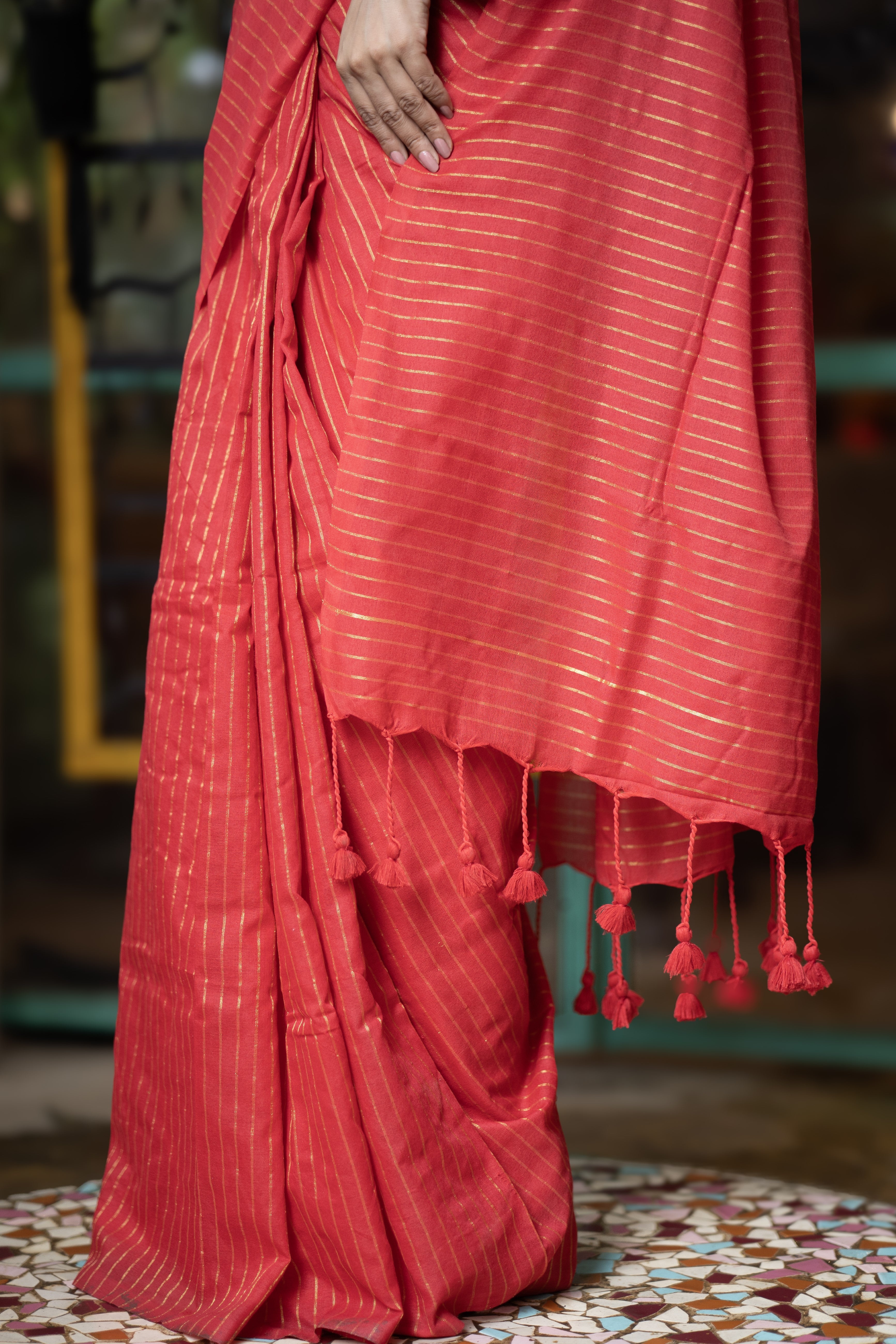 Red Khadi Cotton Golden Striped Saree