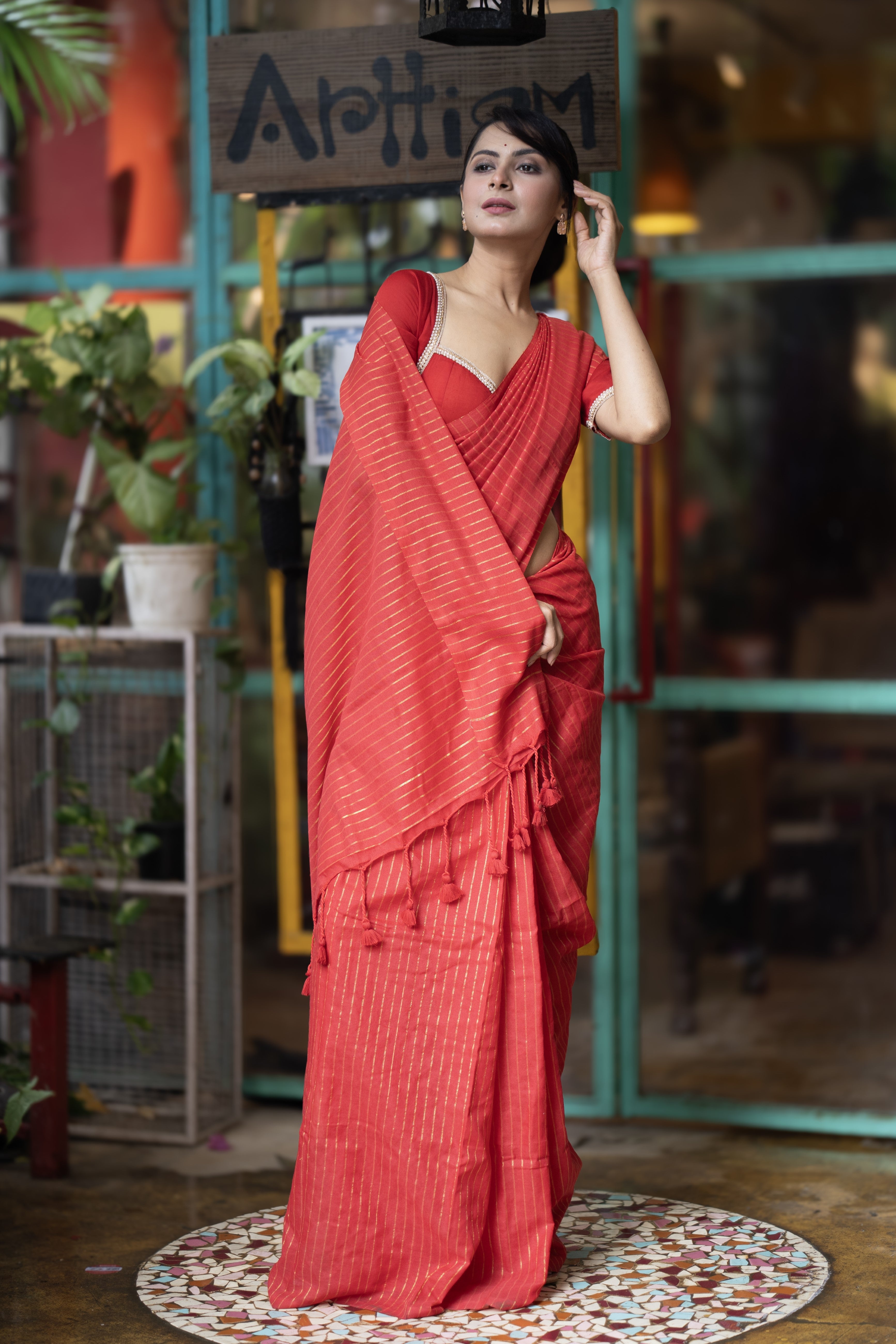 Red Khadi Cotton Golden Striped Saree