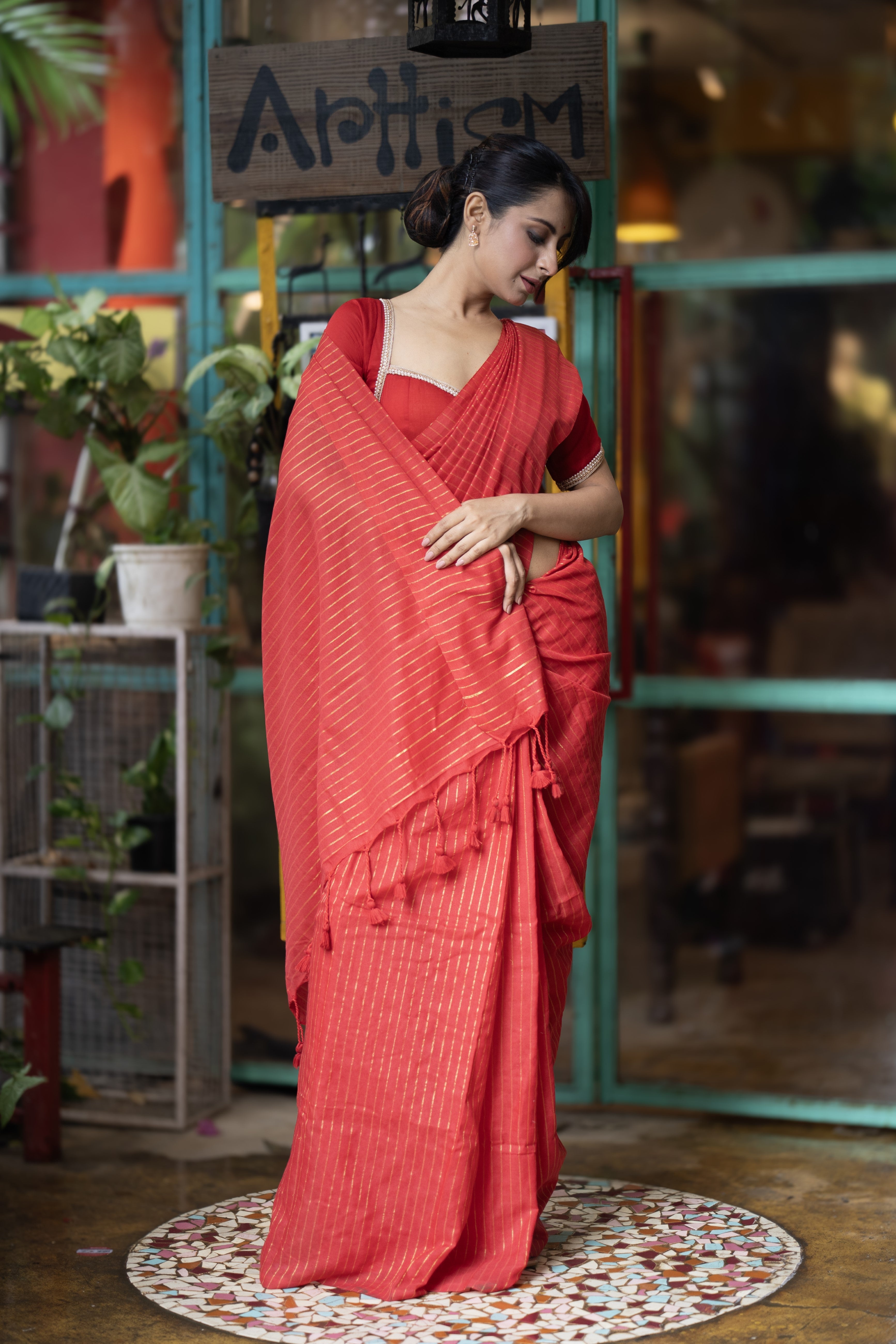 Red Khadi Cotton Golden Striped Saree