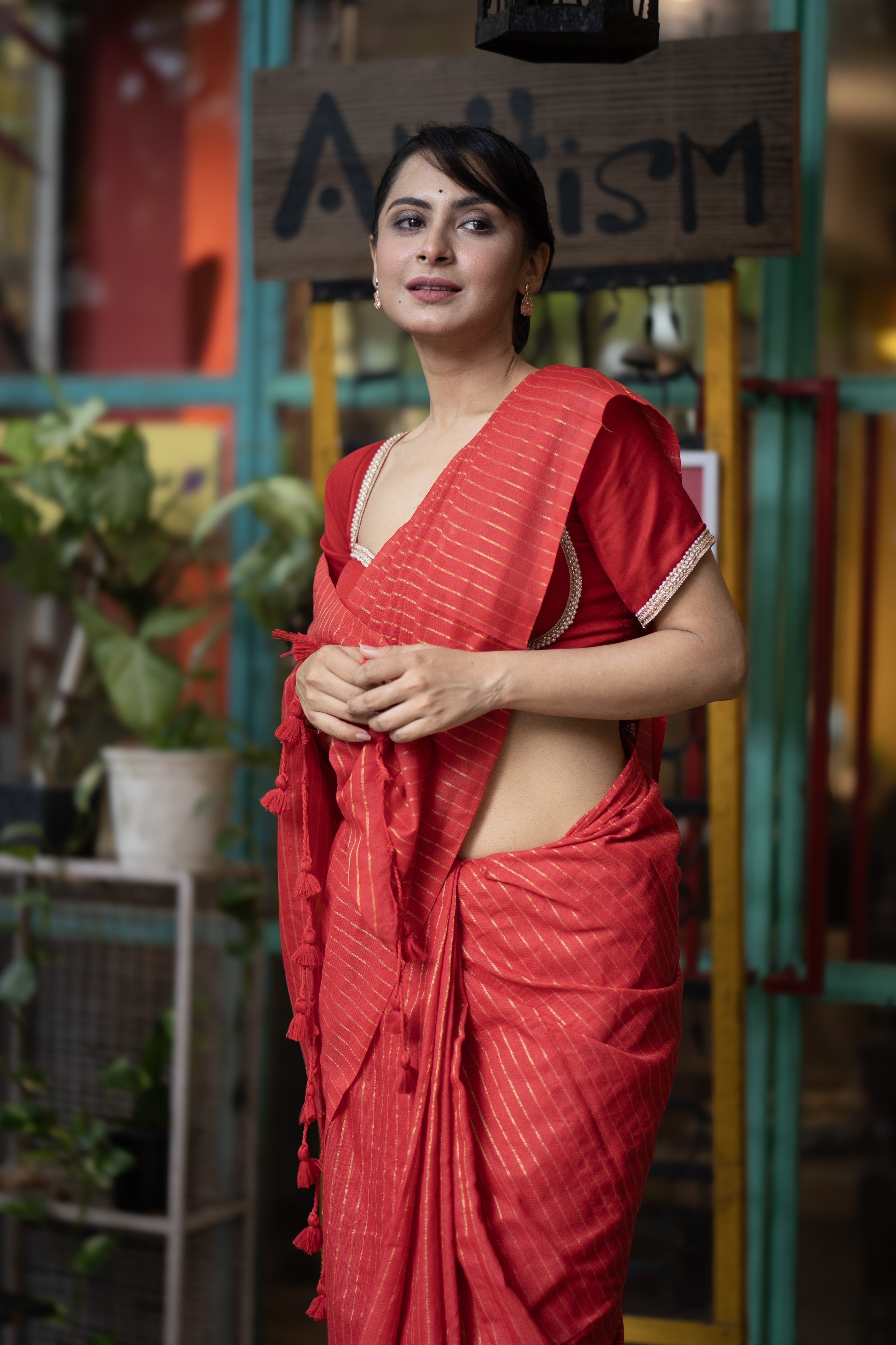Red Khadi Cotton Golden Striped Saree