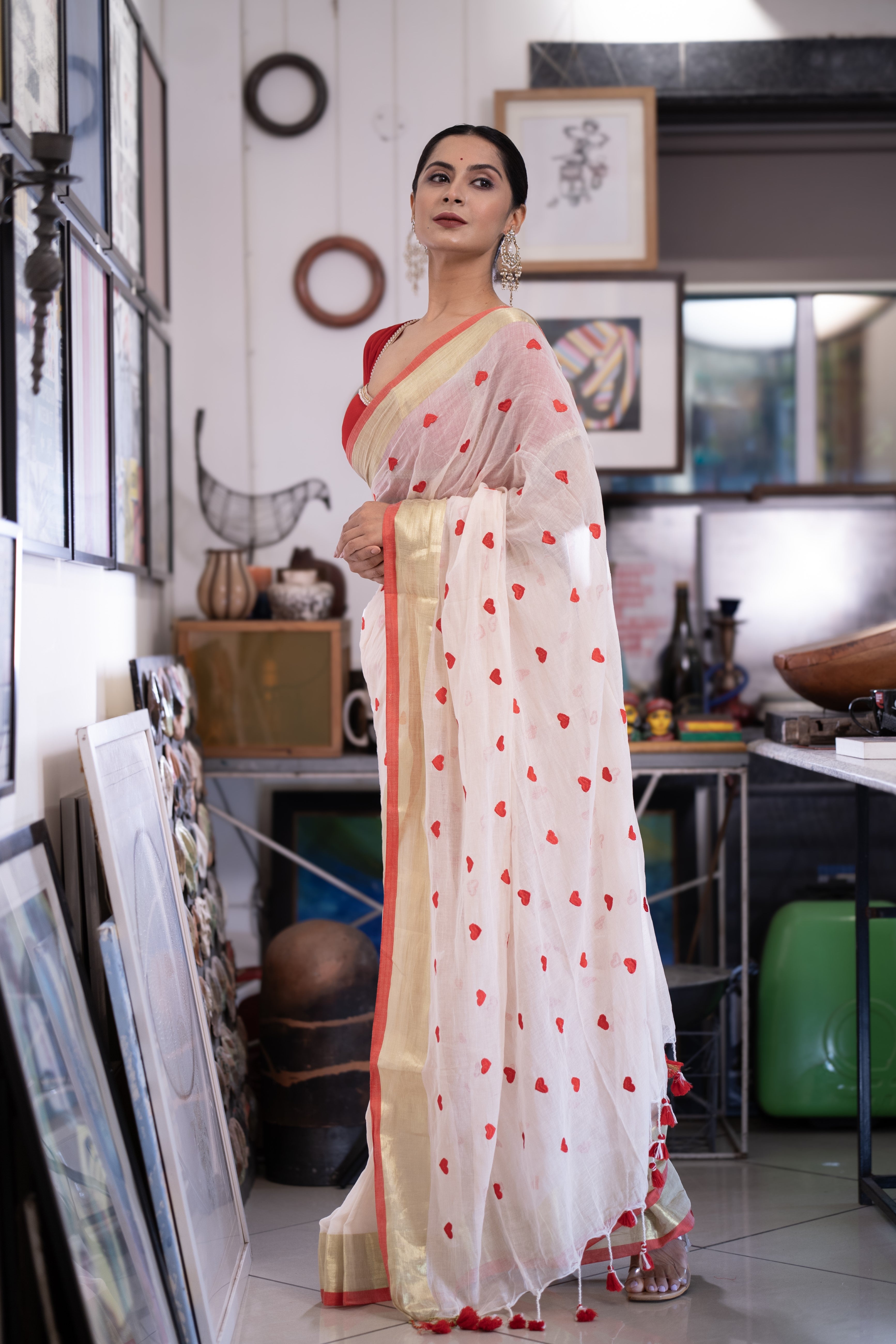 Love embroidery Pure Mulmul Cotton Saree- Red