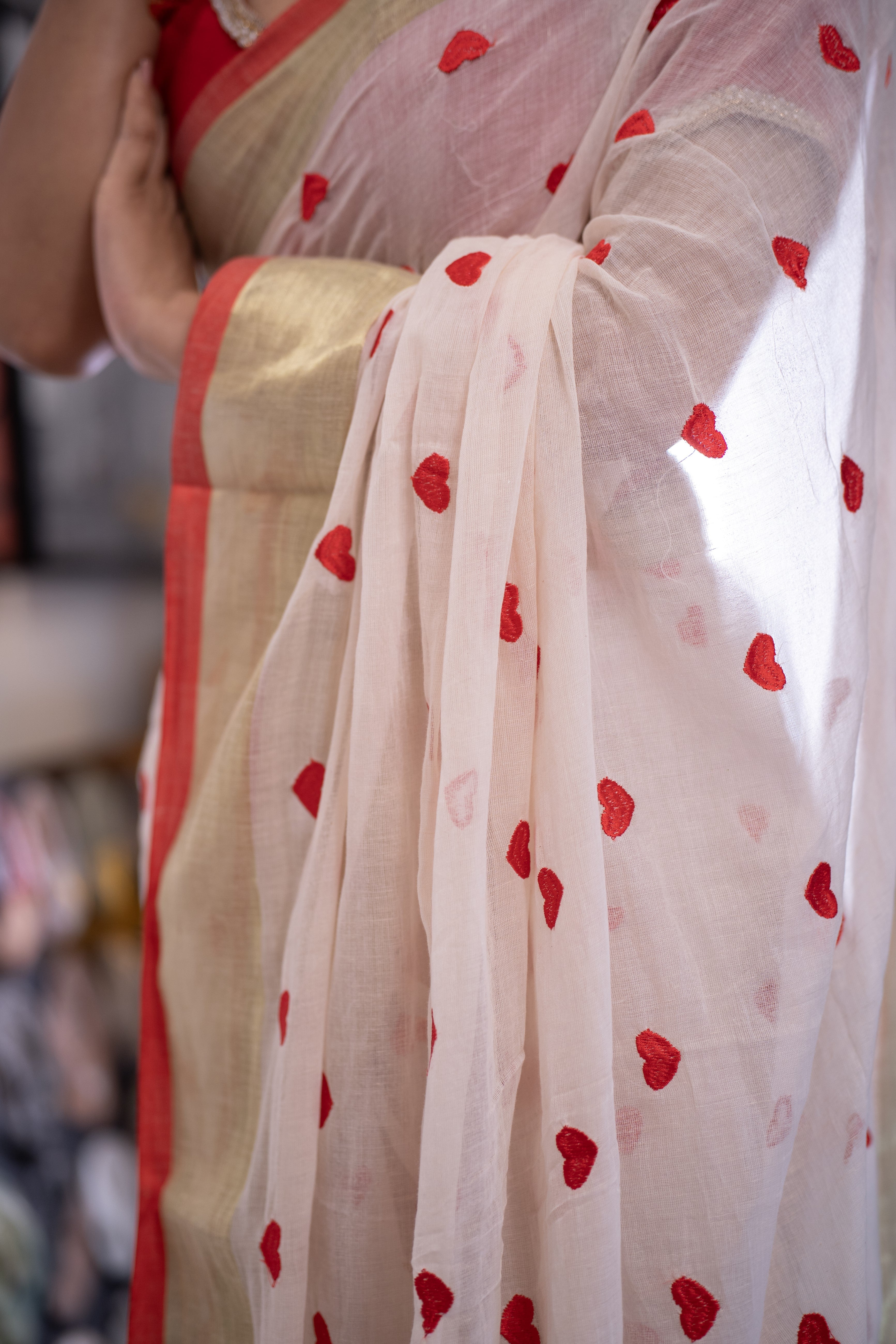 Love embroidery Pure Mulmul Cotton Saree- Red