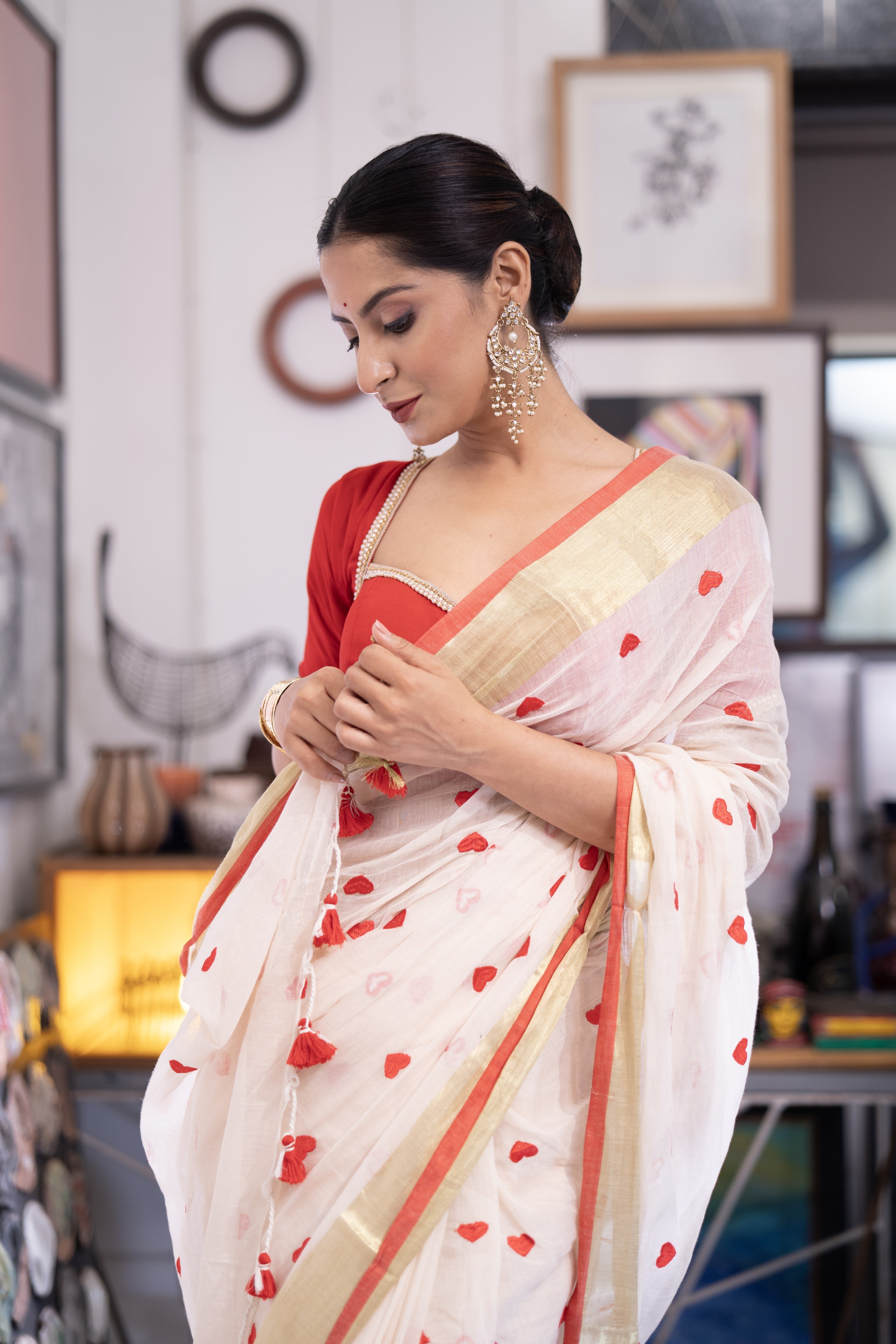 Love embroidery Pure Mulmul Cotton Saree- Red