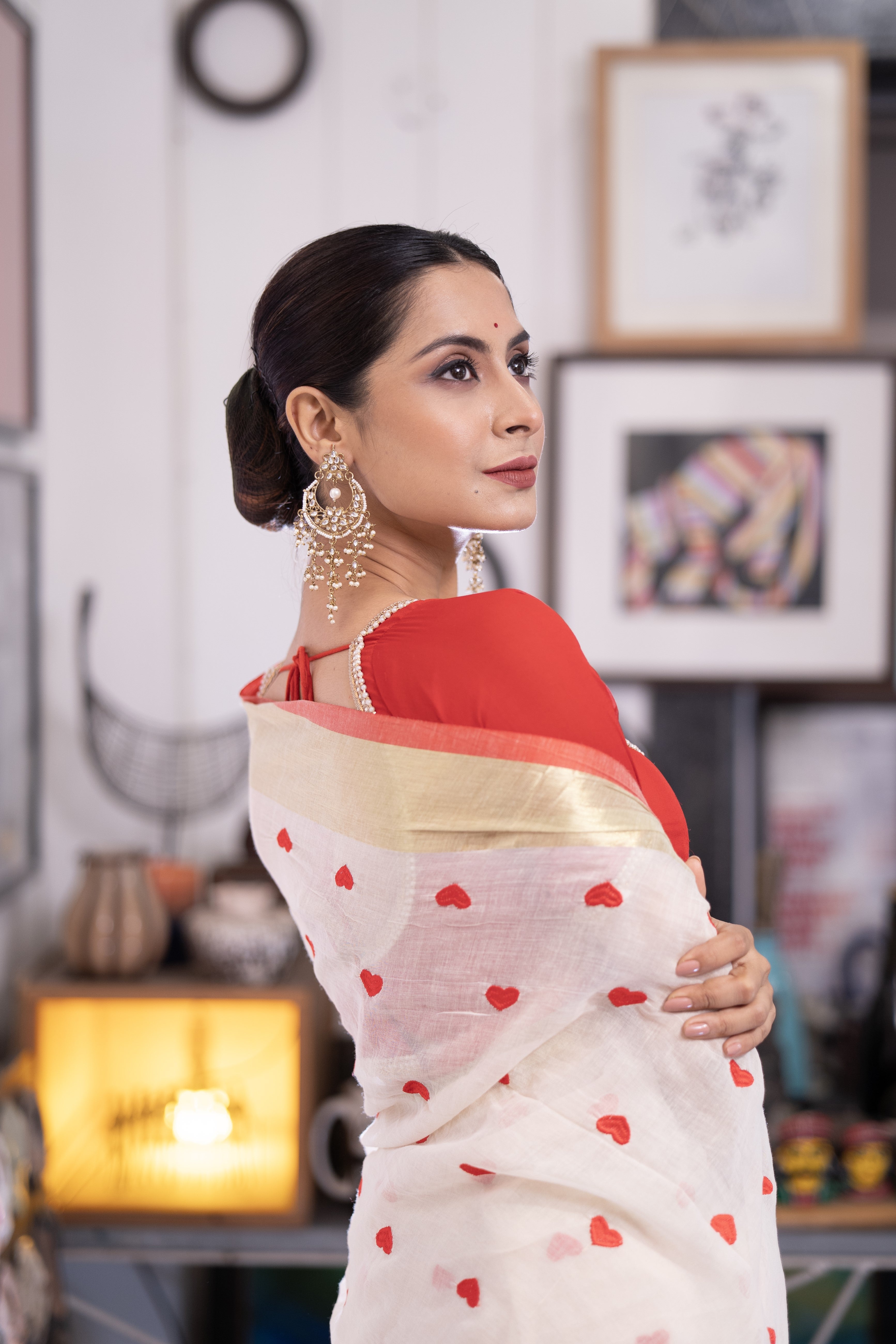 Love embroidery Pure Mulmul Cotton Saree- Red