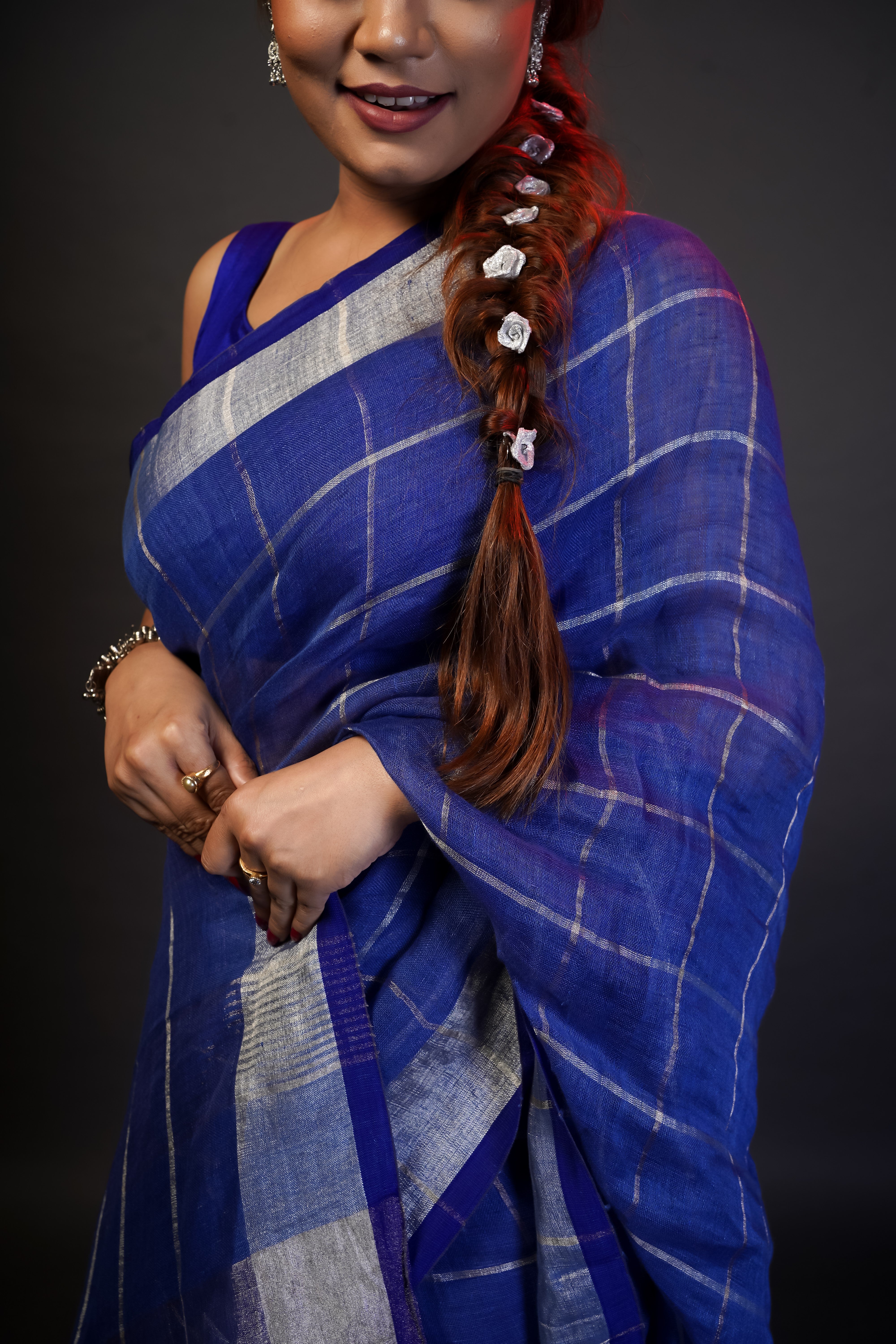 Blue Pure Linen All-Over Check Saree