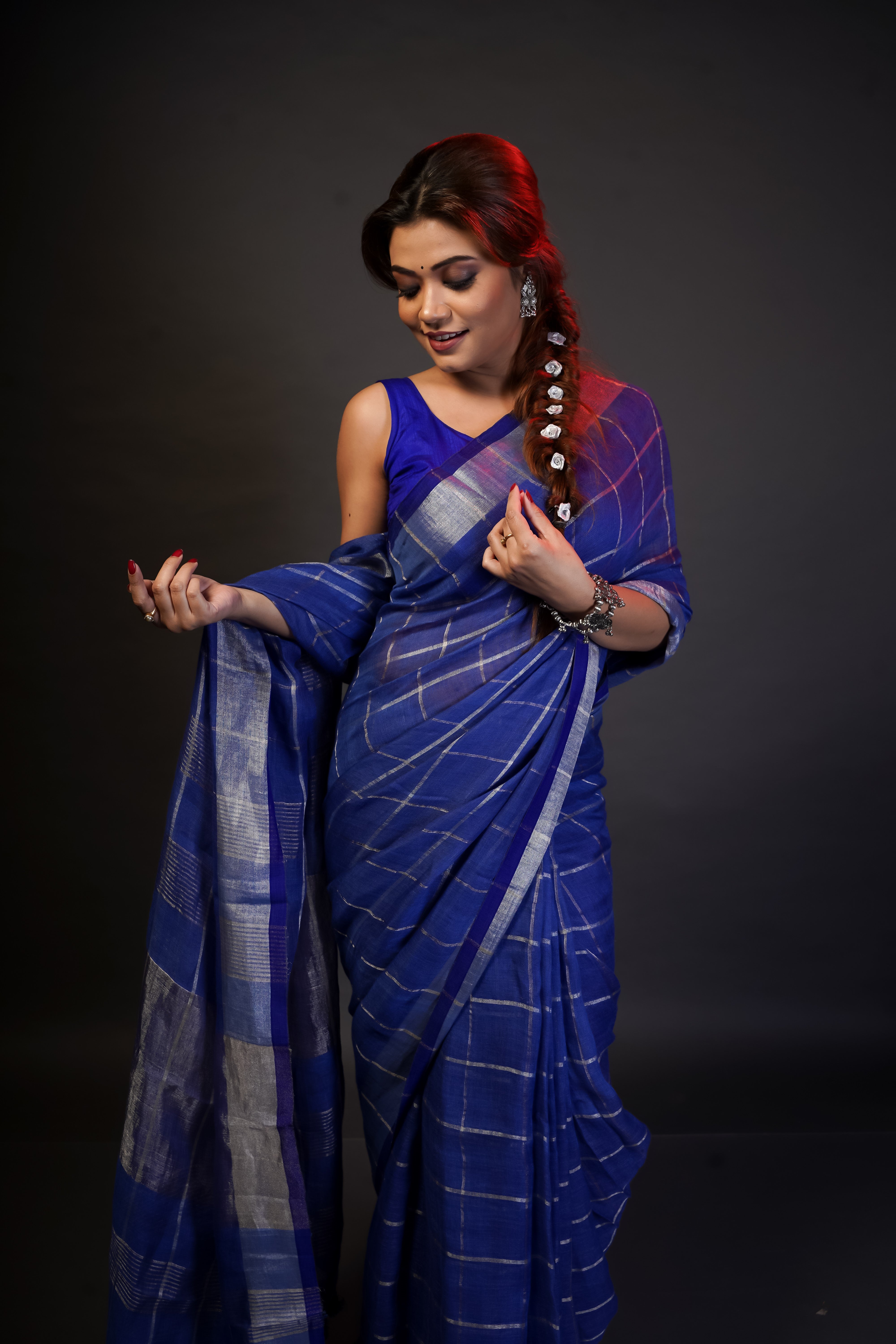Blue Pure Linen All-Over Check Saree