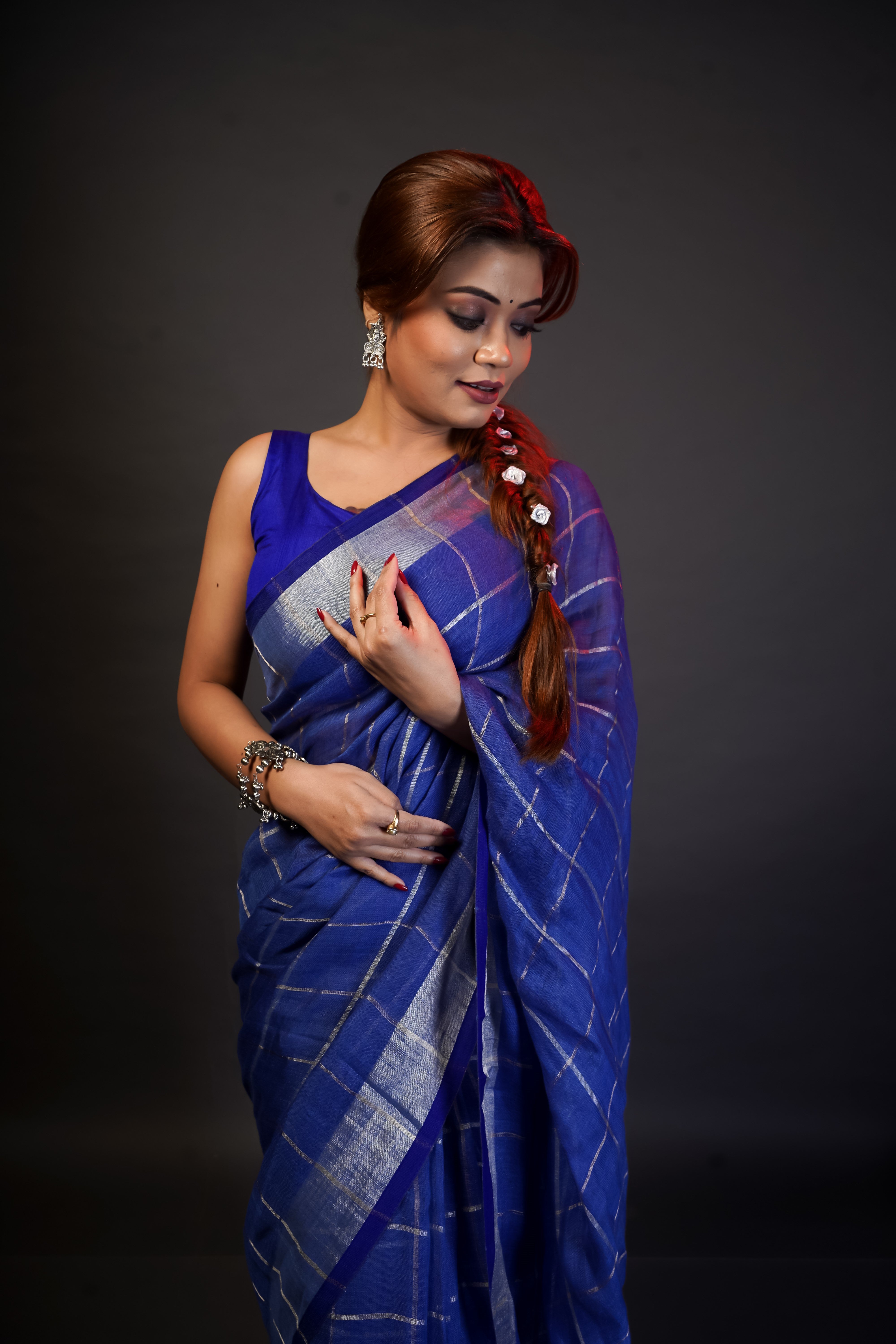 Blue Pure Linen All-Over Check Saree