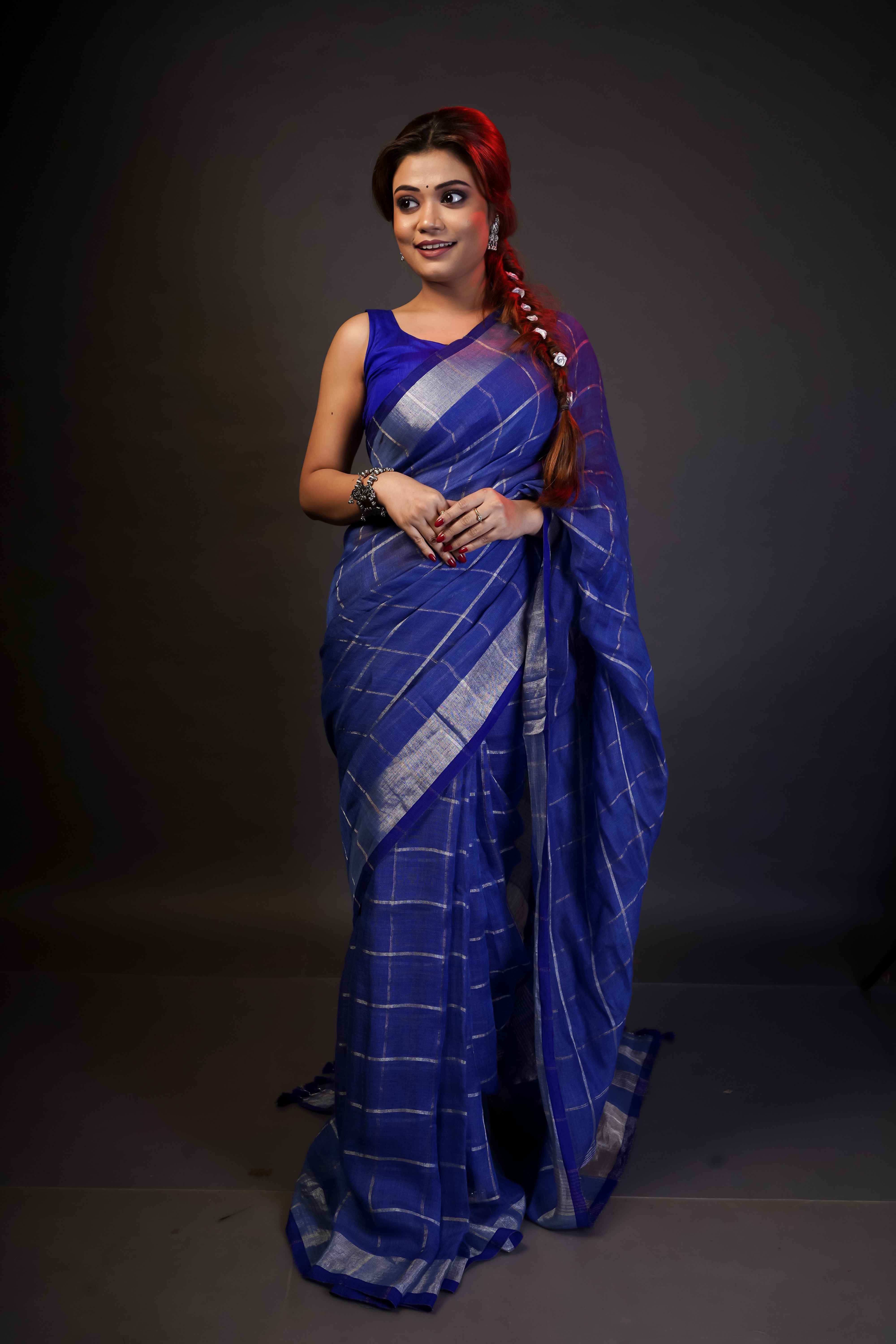 Blue Pure Linen All-Over Check Saree