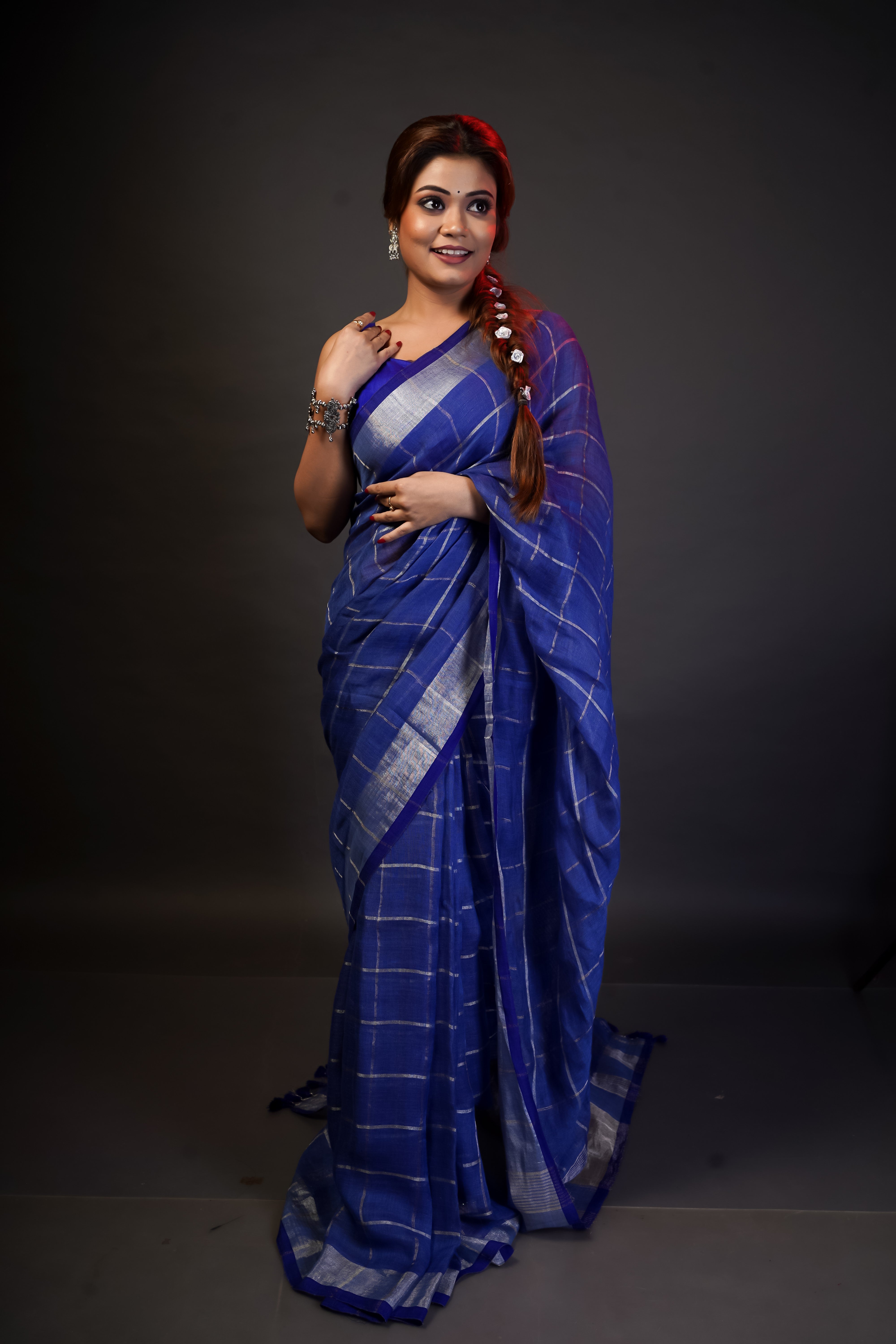 Blue Pure Linen All-Over Check Saree
