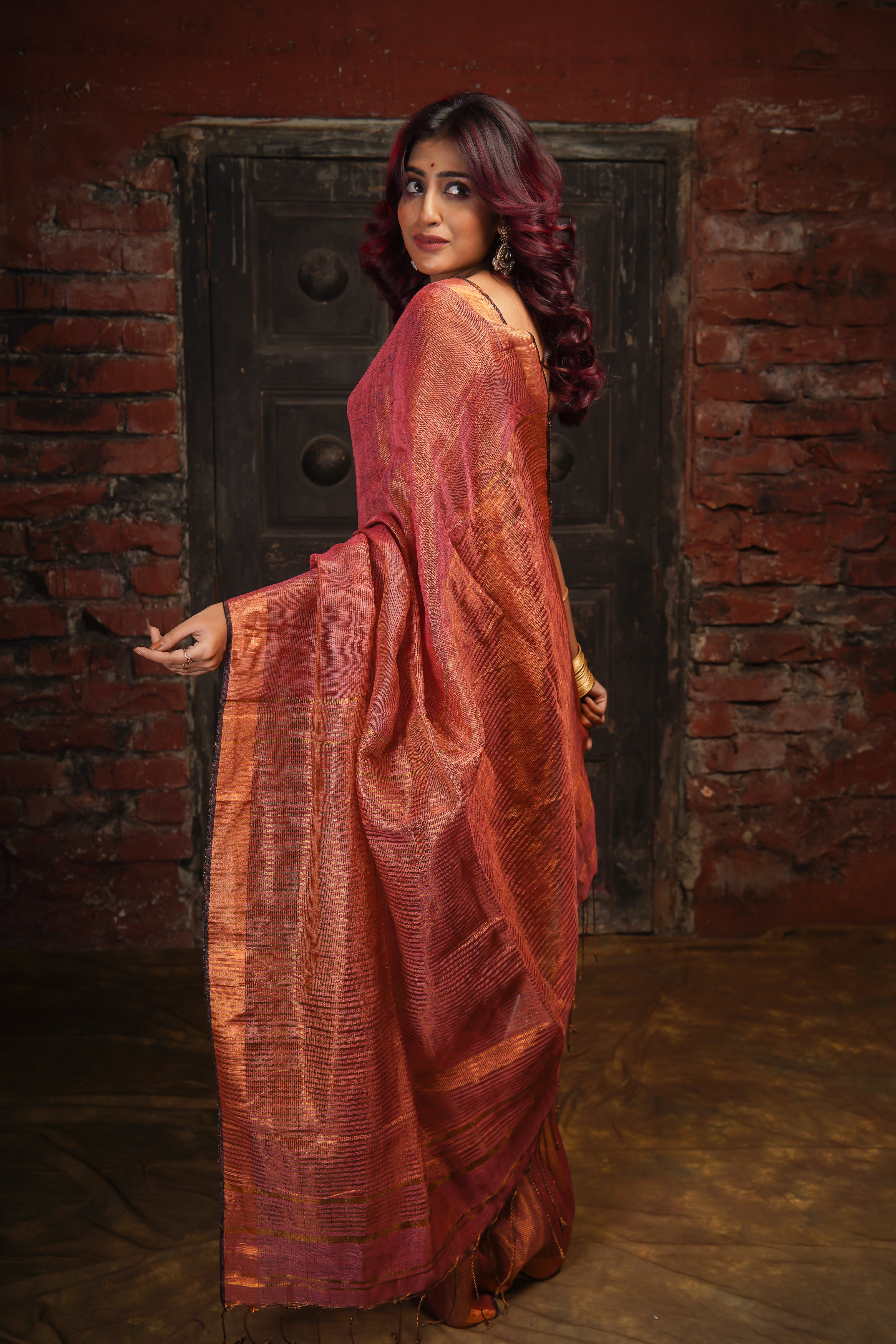 Rust Dual Tone Tissue Linen Saree