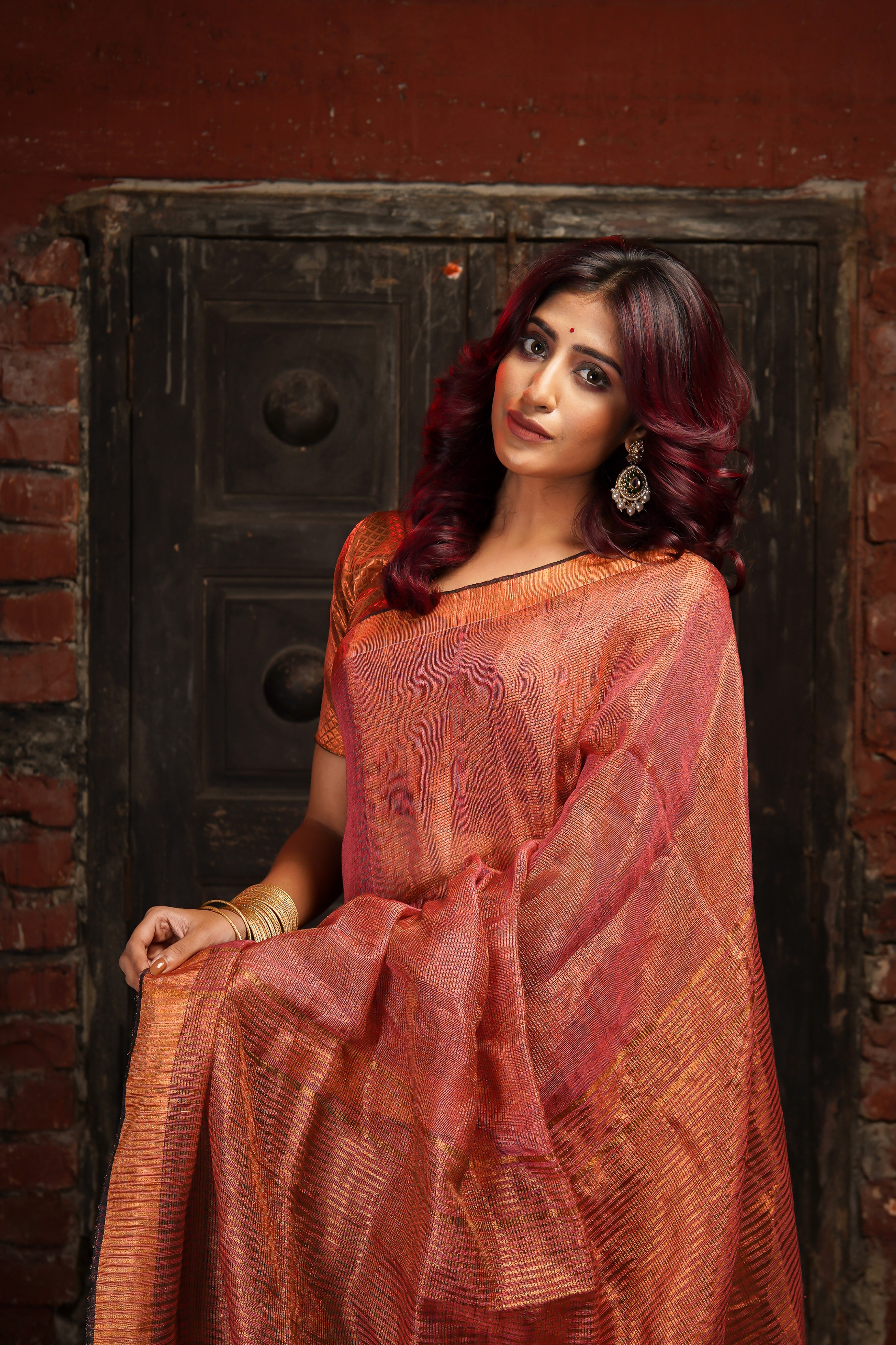 Rust Dual Tone Tissue Linen Saree