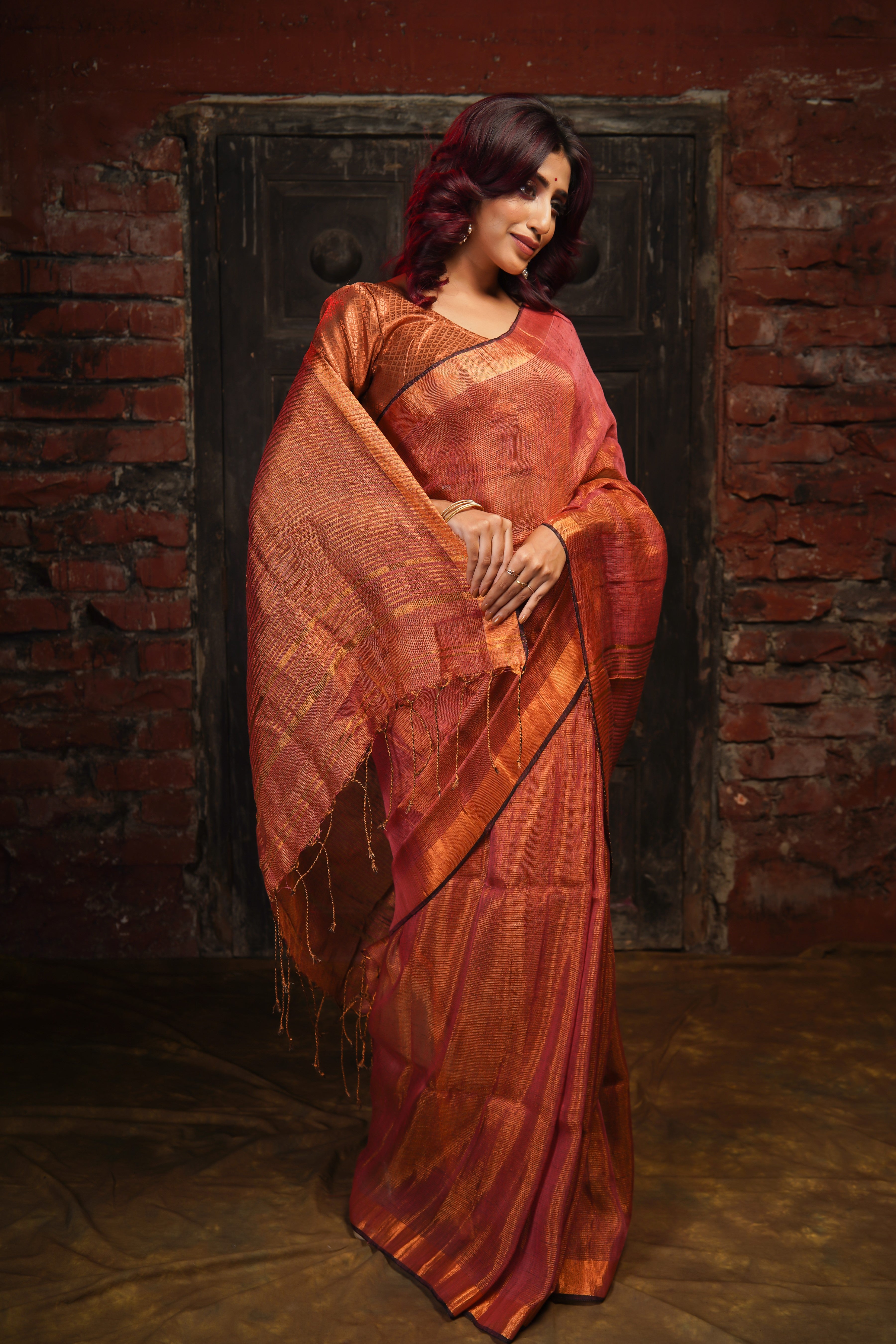Rust Dual Tone Tissue Linen Saree