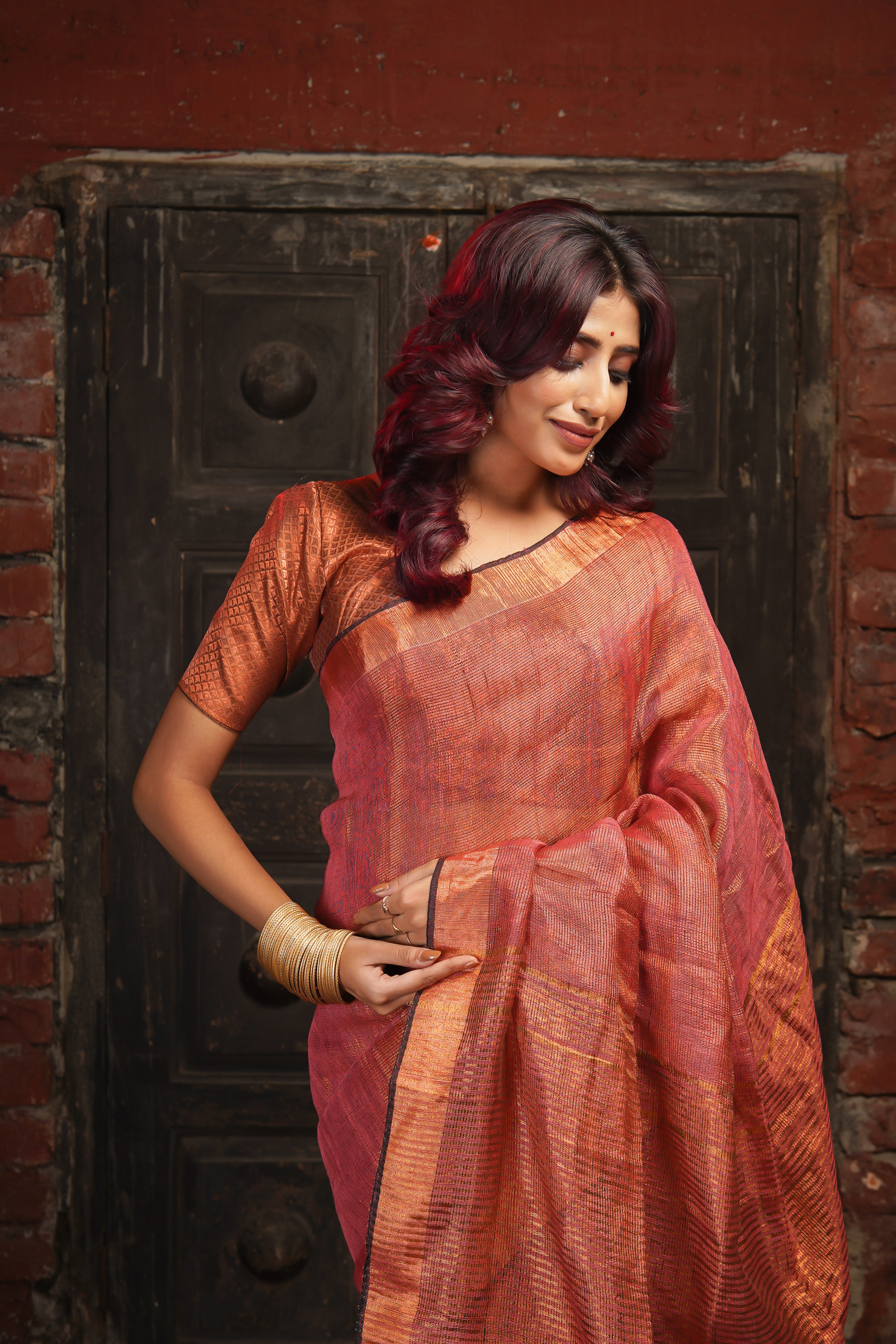 Rust Dual Tone Tissue Linen Saree