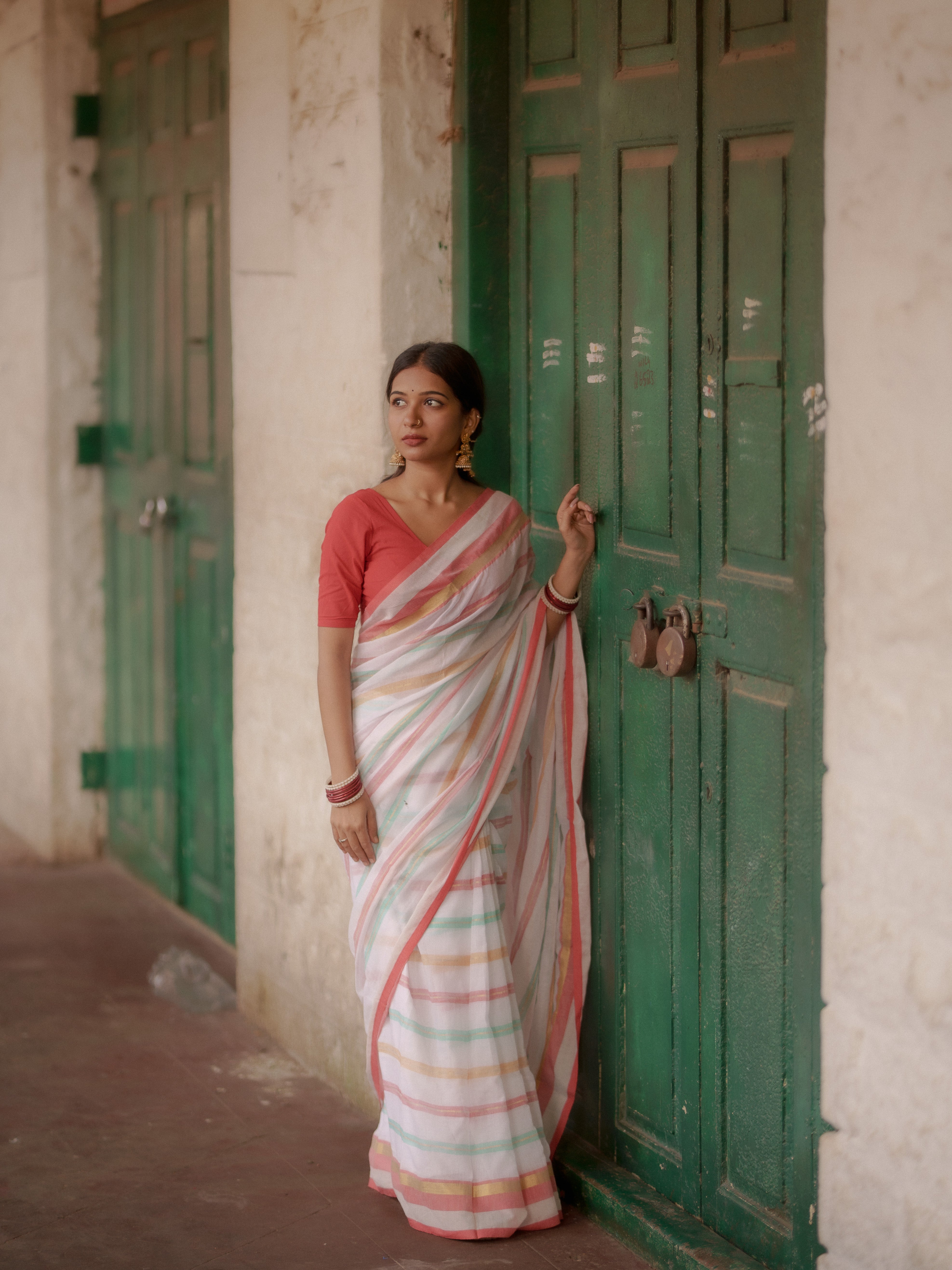 White and Red Striped Mul Mul Cotton Saree