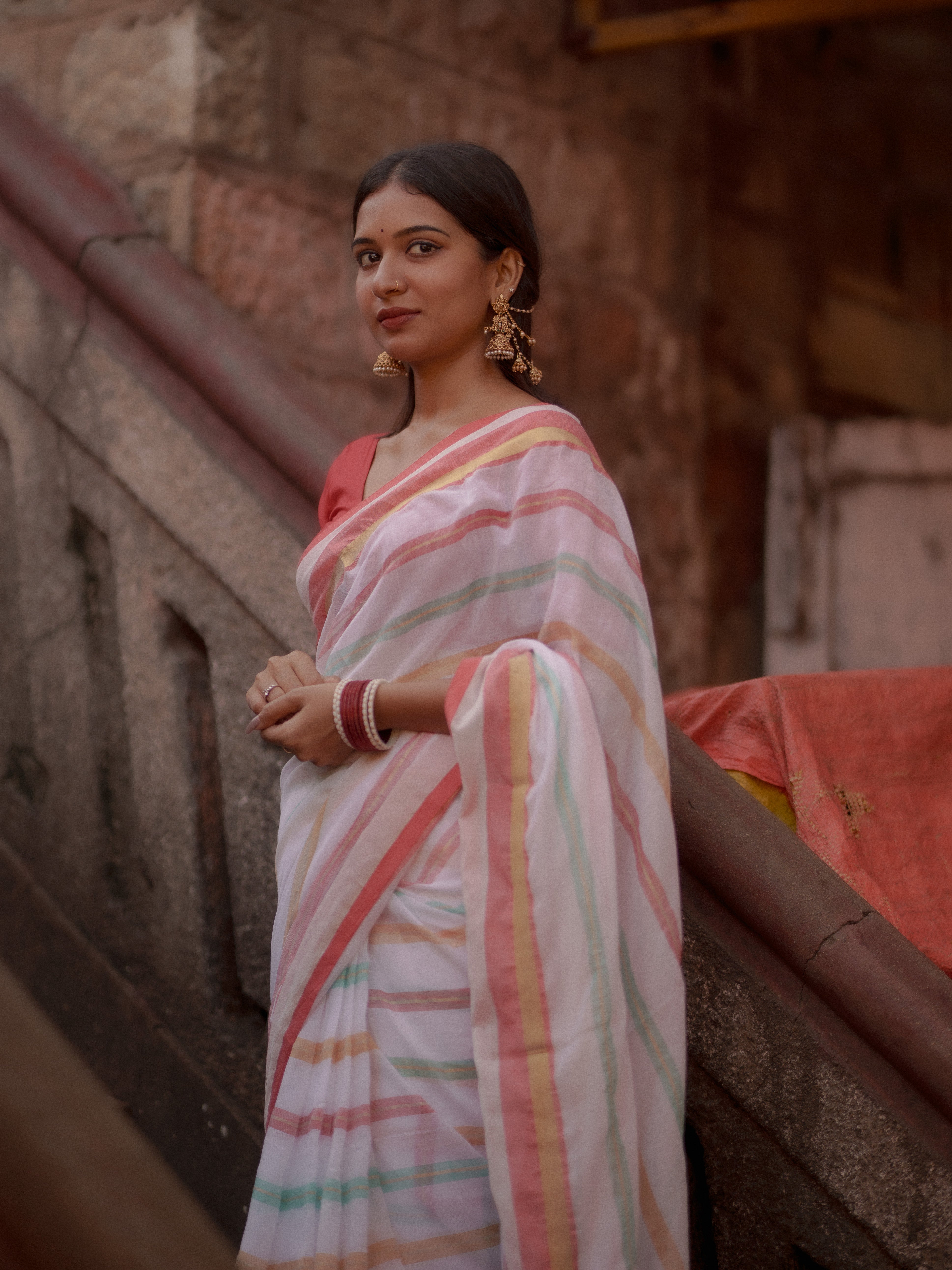 White and Red Striped Mul Mul Cotton Saree