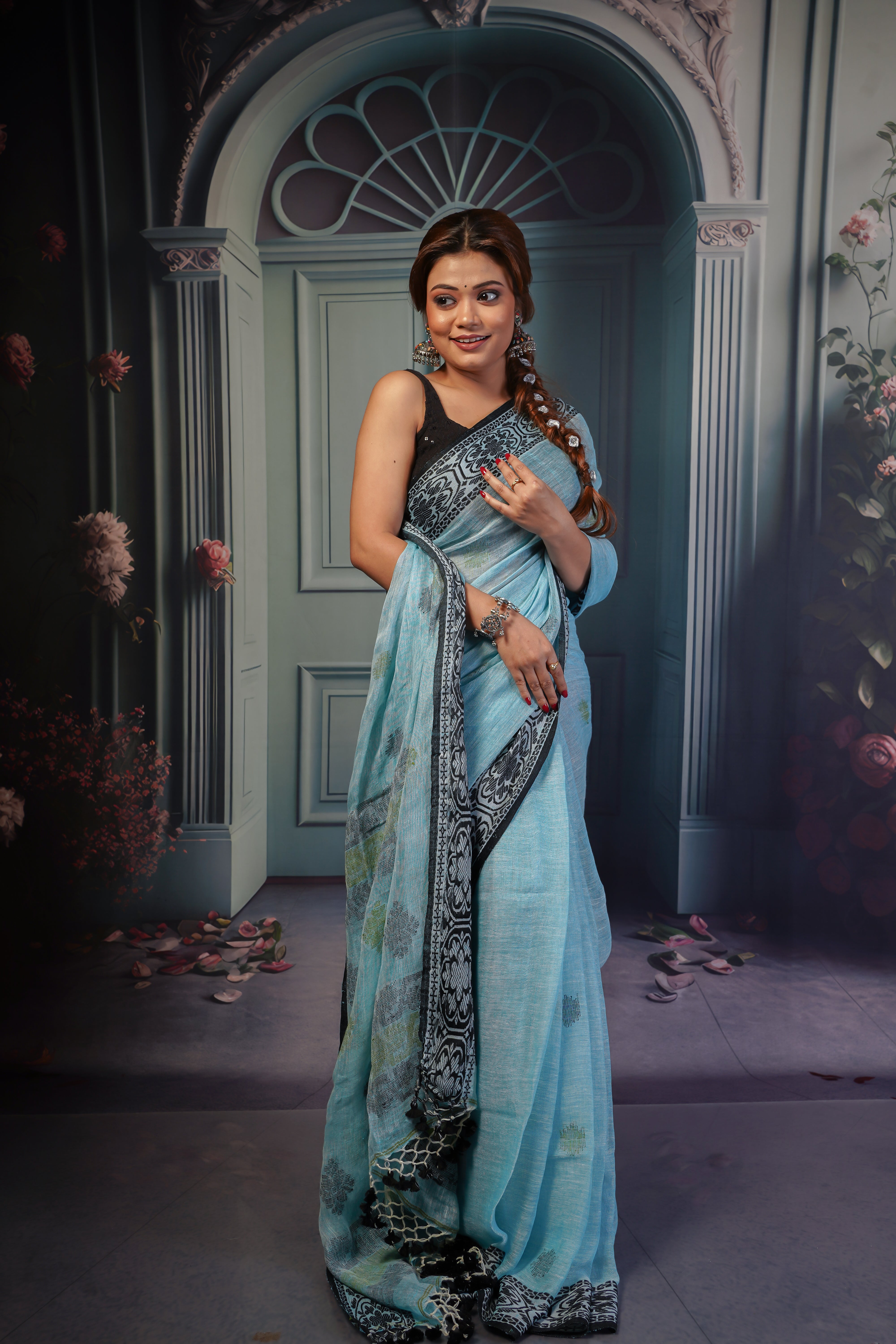 Sky Blue & Black Linen Woven Jamdani Saree